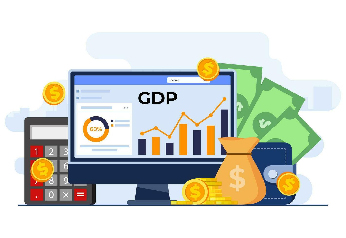 Gross domestic product concept flat illustration vector template, Stacks of money, National economy, Monetary policy, GDP,  Economic Growth, Public finance, Growth graphs and chart on computer screen