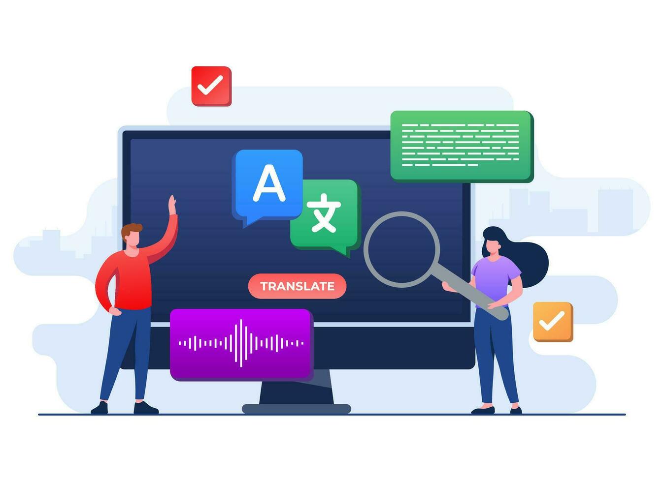 Translation concept flat illustration vector template, Translate languages, Online translator mobile application on tablet, People translating languages