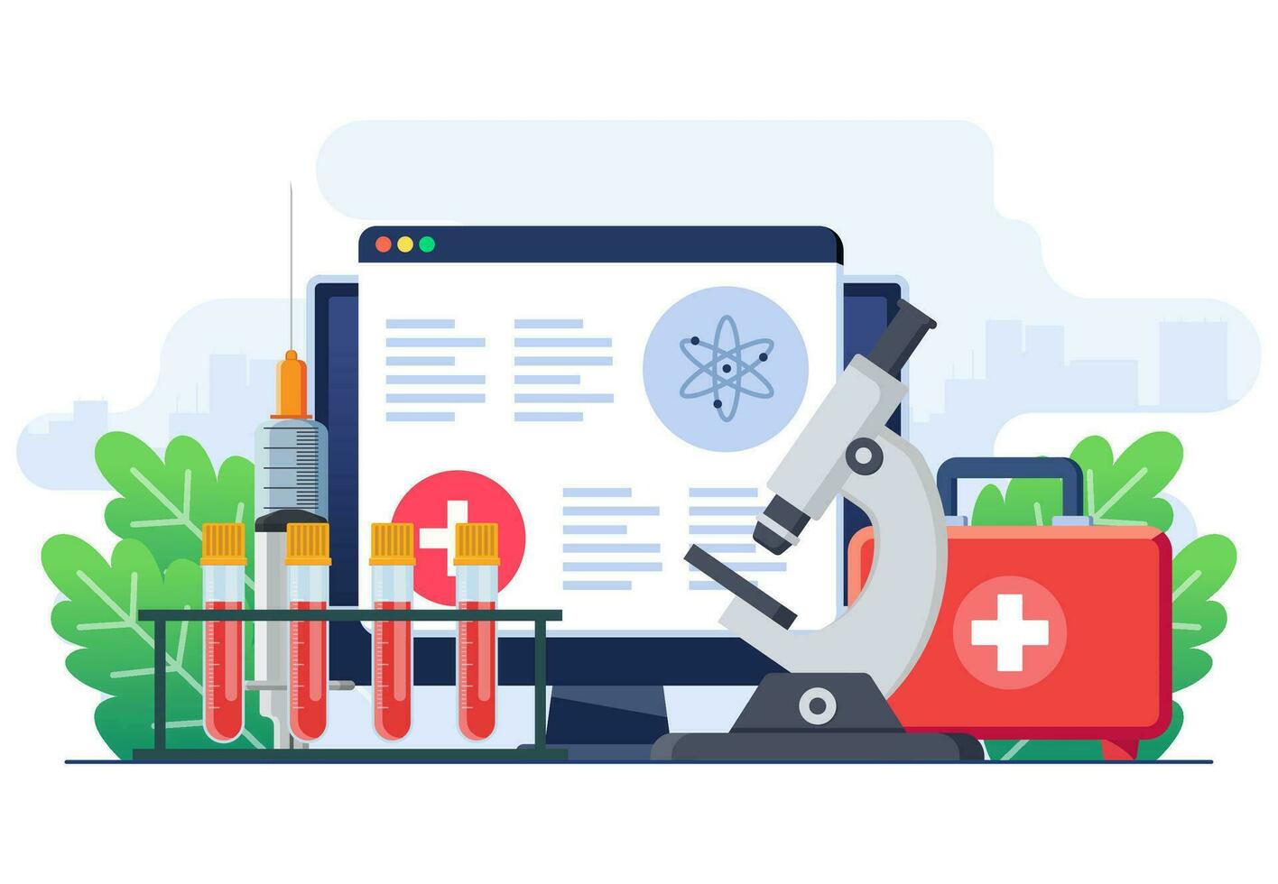 Examining blood samples in the laboratory, Medical research, Health checkup, Documents and references, Health screening for diagnosis, Health care and medicine, Laboratory test equipment vector