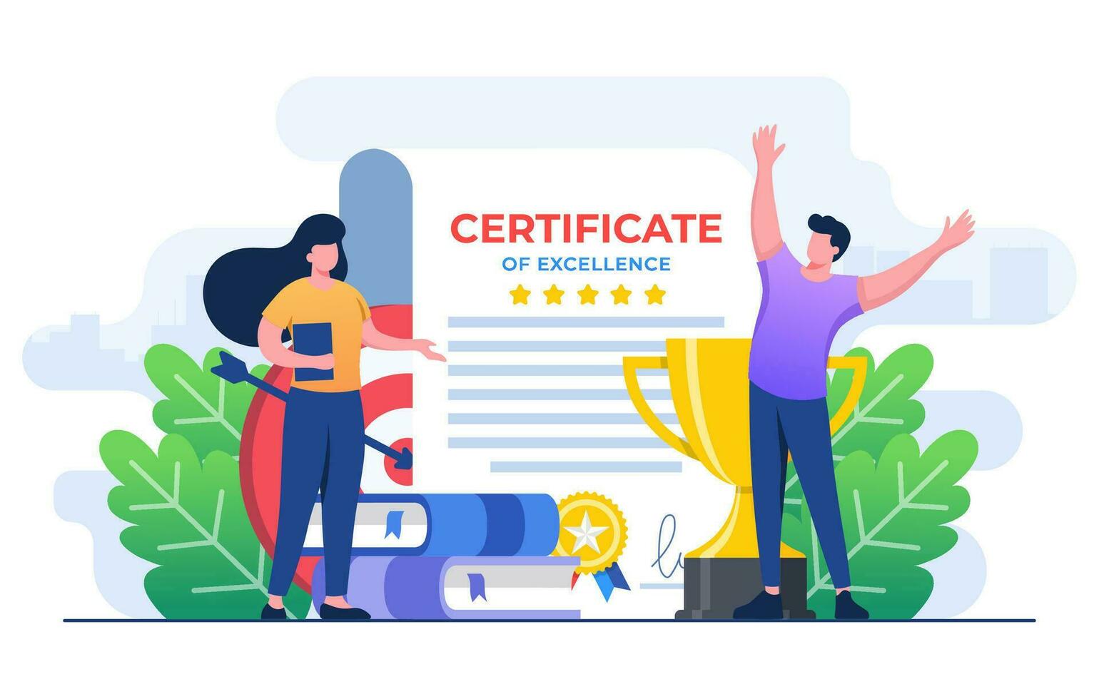 Characters successfully completing course, seminar, tutorial, diploma, academic, exam and getting certificate, University or college test, Prize and appreciation concept, Education, graduation vector