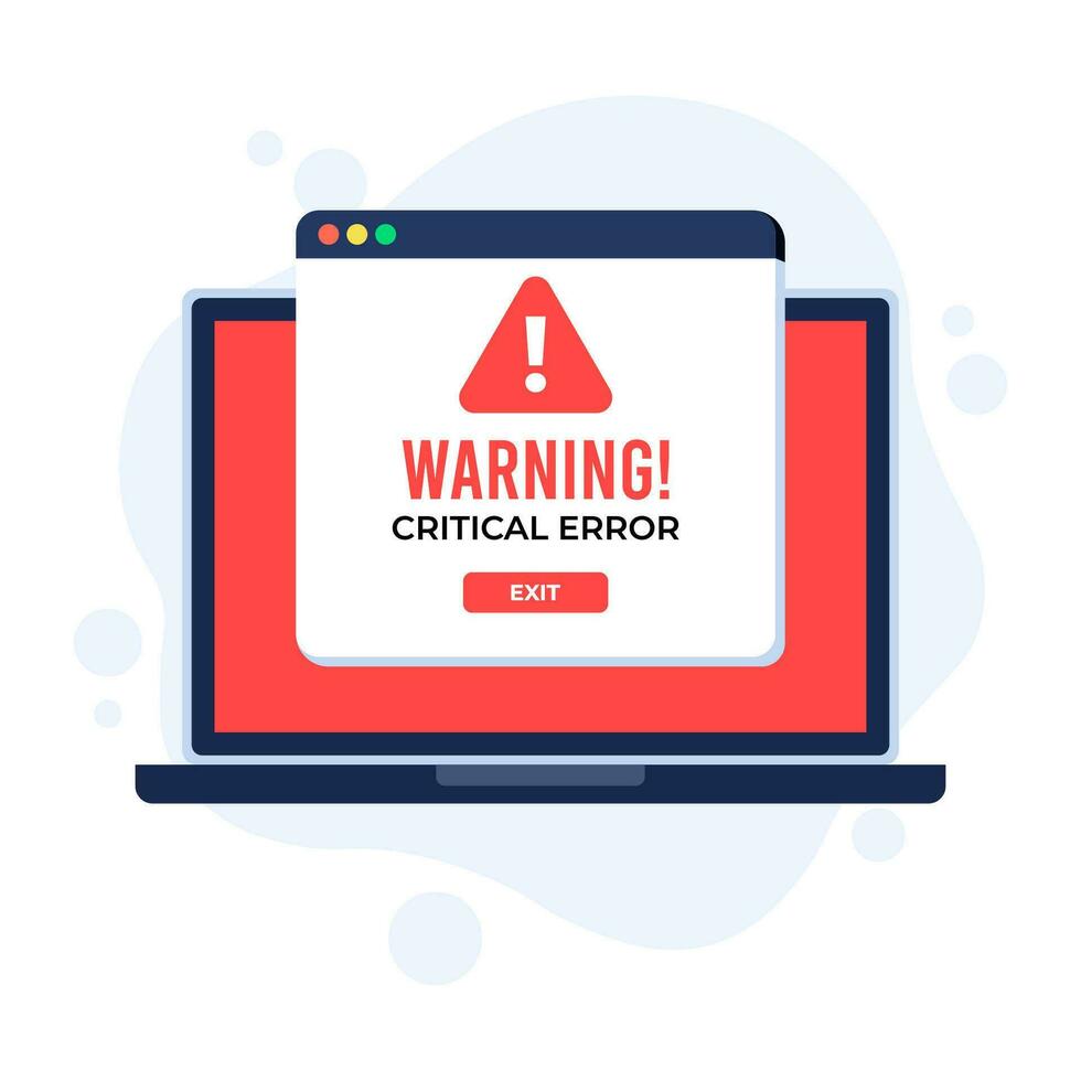 Exclamation point icon on laptop screen, System error, System security warning alert, Cybercrime, Vulnerability, Computer virus, Ransomware, or bug, Critical error, Malware, Technical error, Hack vector