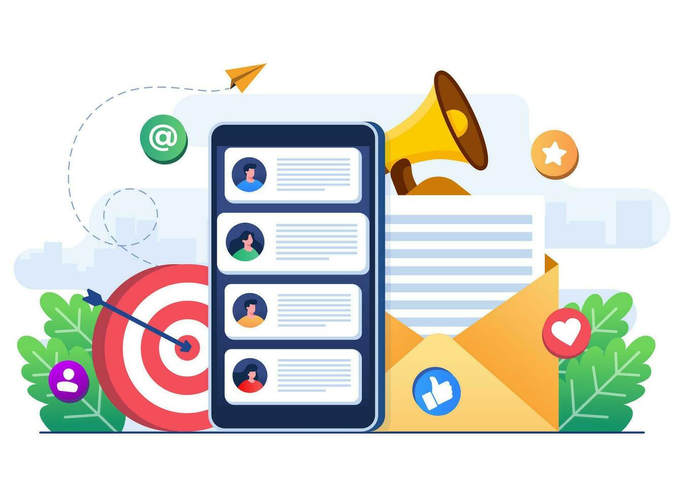 Email marketing flat illustration vector concept, Online business strategy, Advertising, Email newsletter, messaging, Marketing material concept for landing page, web banner, social media, infographic