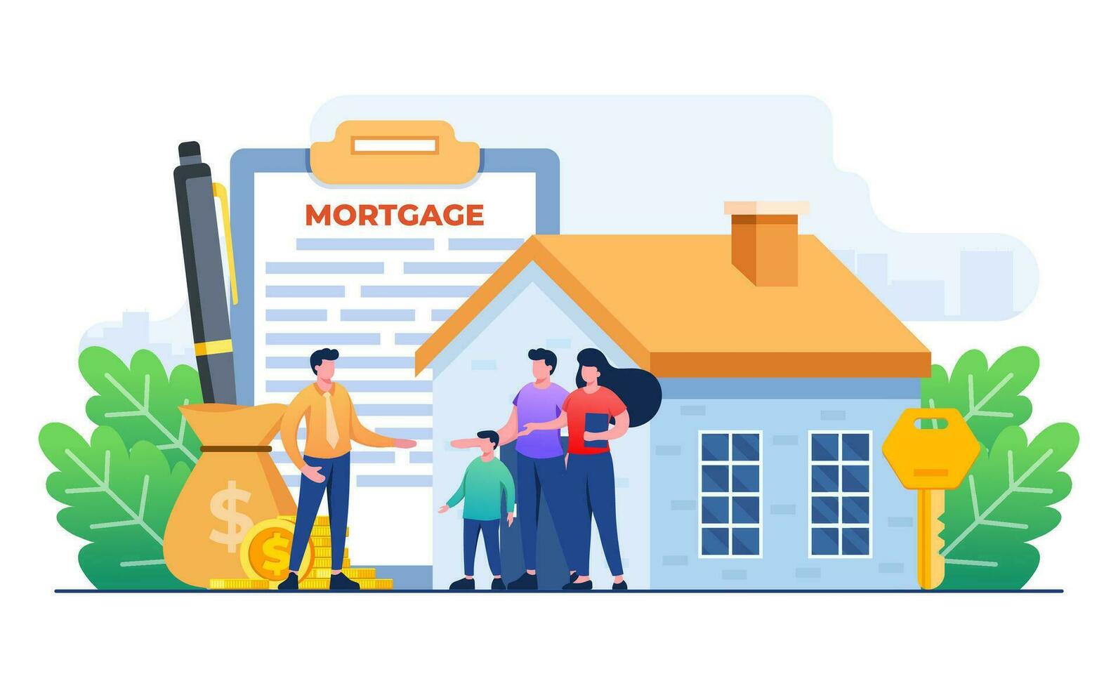 Family buying home with mortgage and paying credit to bank concept flat illustration, House loan or money investment to real estate concept template, Mortgage loan, Purchasing property, Home loan vector