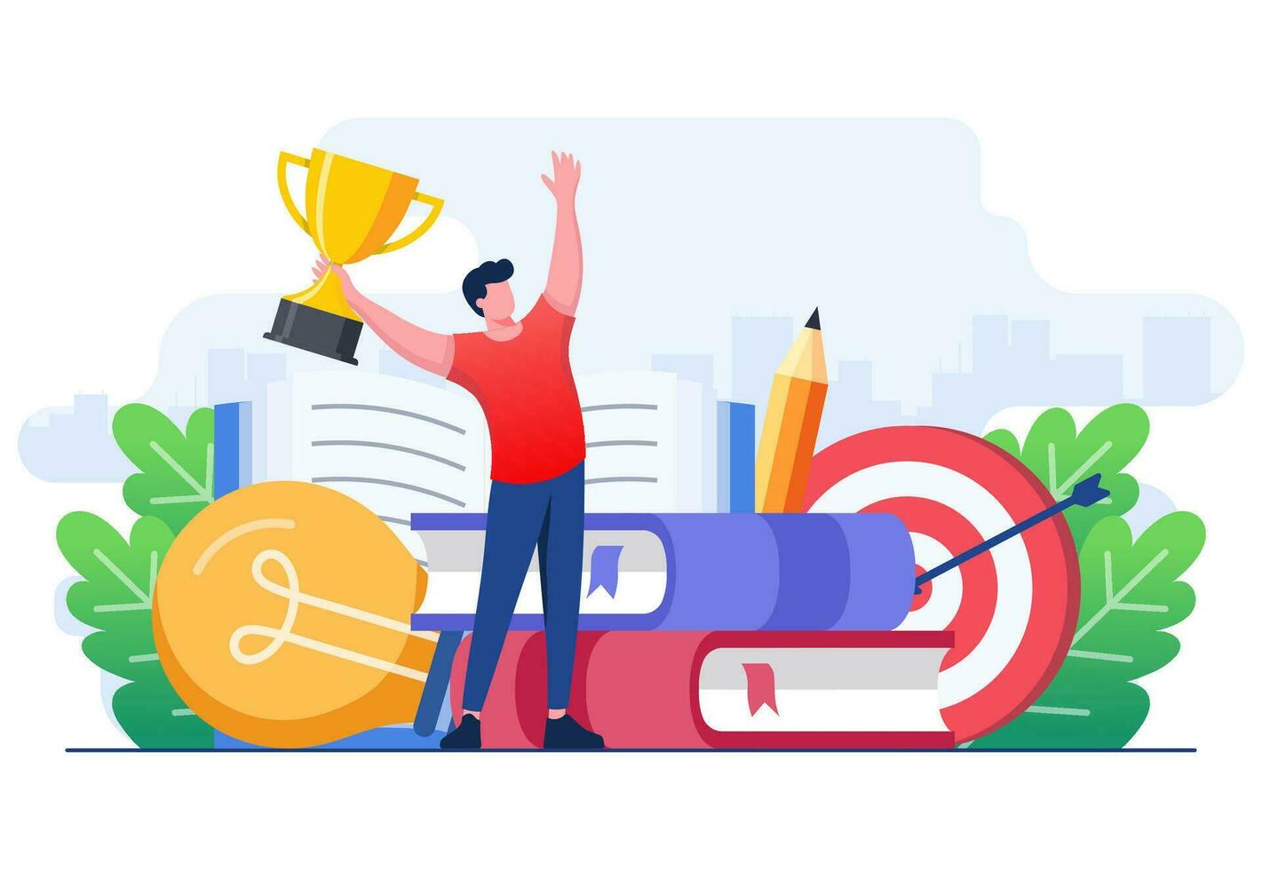 Character successfully completing course, seminar, tutorial, diploma, academic, exam and getting a trophy, University or college test, Prize and appreciation concept, Education, graduation vector