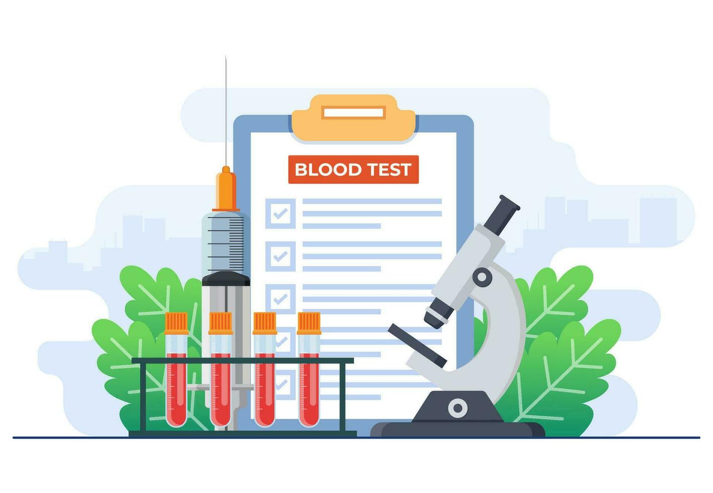 Medical test concept flat vector illustration, Health screening for diagnosis, Assessment of condition, Scientific research document, Healthcare and medicine,  Blood test, Scientific research document