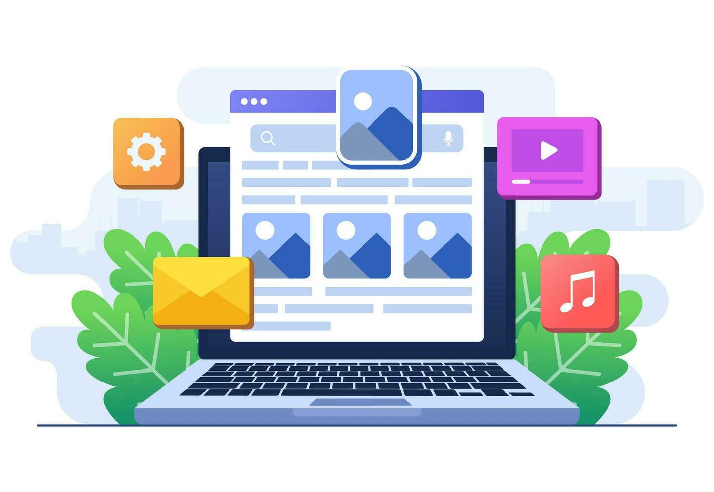 Search results from Search engine displayed on web browser, Search engine optimization, Content marketing, SEO strategy high search engine ranking sending targeted audience to website vector