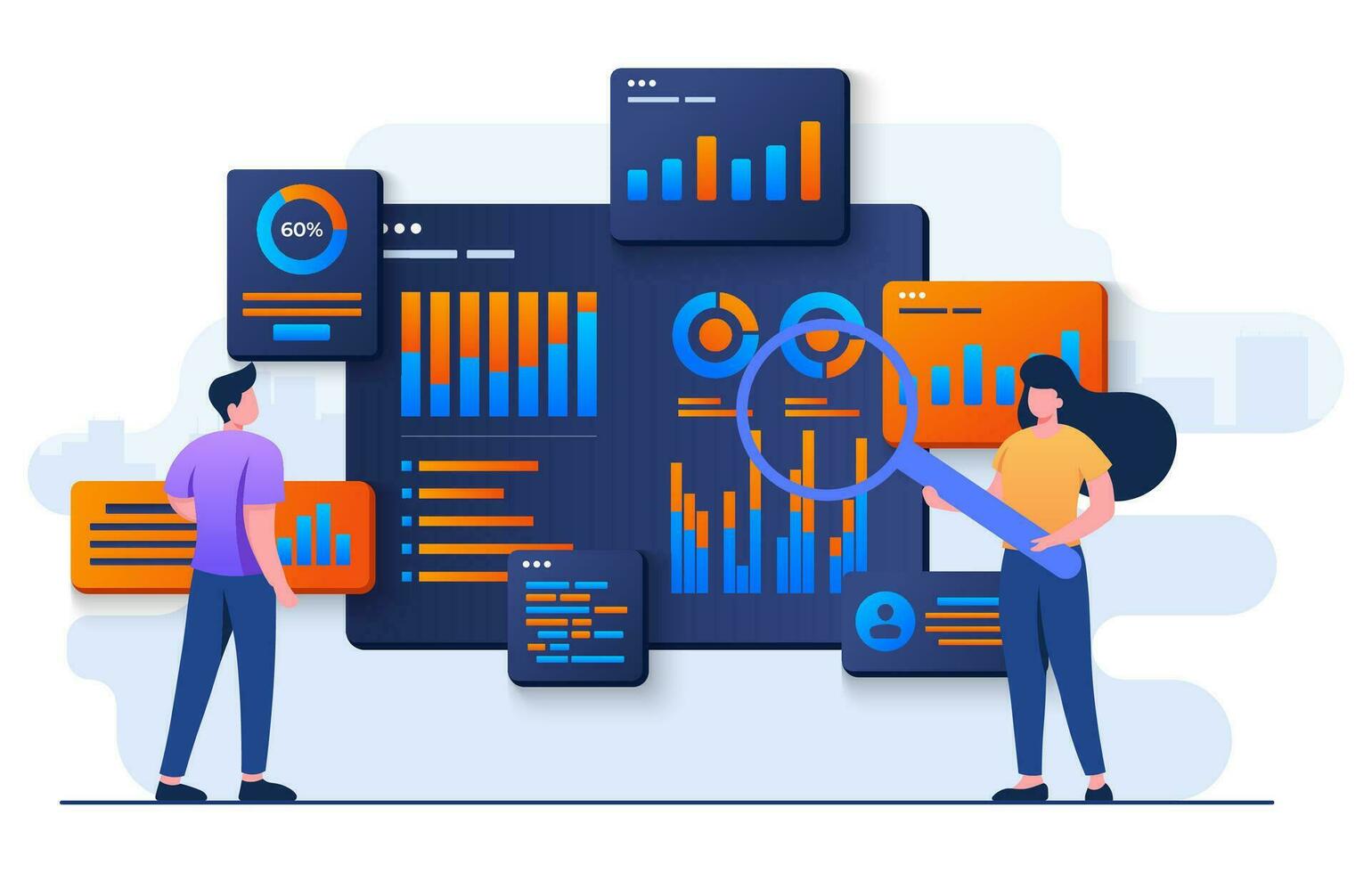 Business analysis flat illustration, Infographic background of SEO optimization, Business people looking seo analytics dashboards, Financial reports, Statistics, Financial Research, Marketing vector