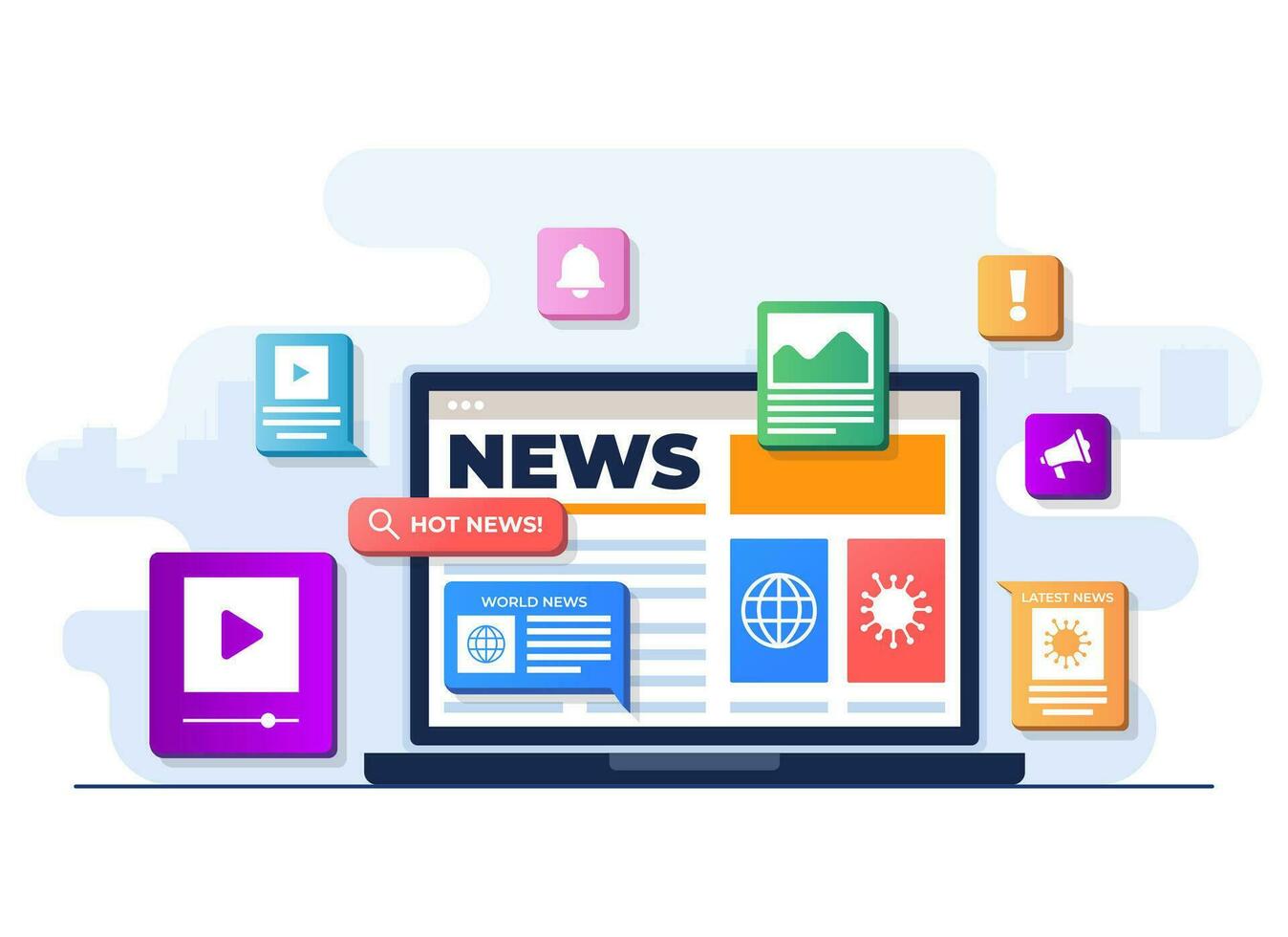 Online news mobile application flat illustration vector template, Online news article, News webpage, Online mass media on laptop screen, Internet newsletter