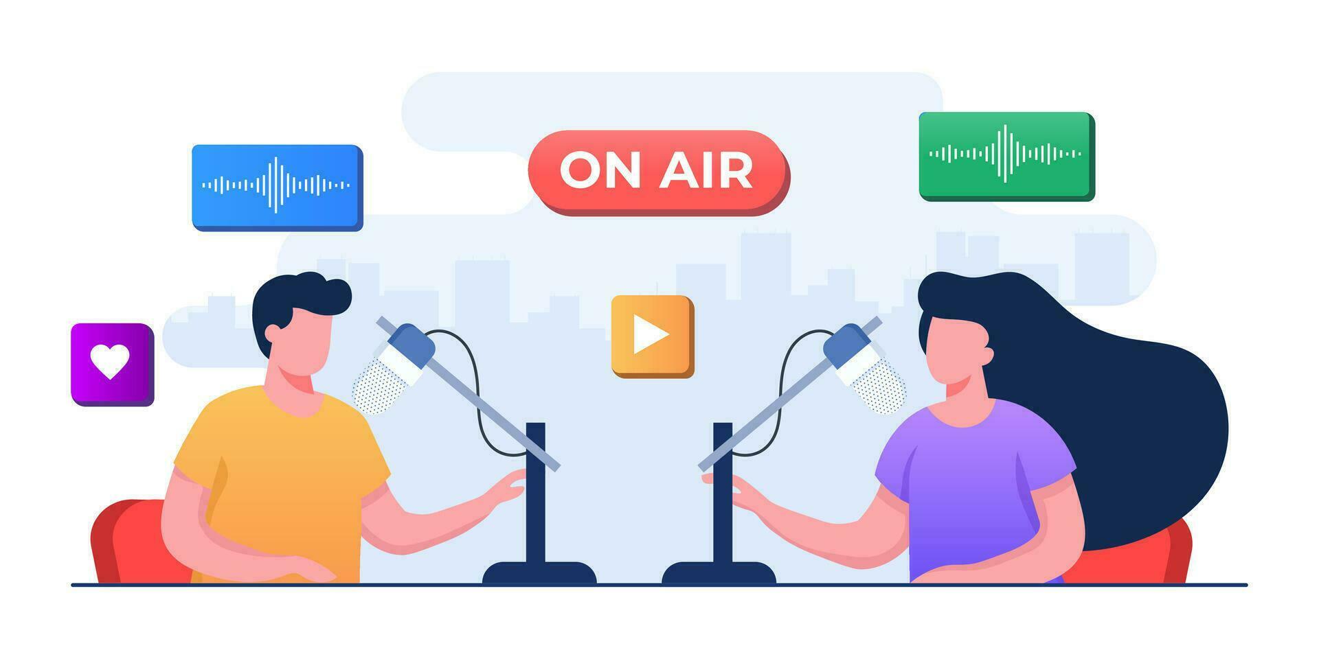 Live broadcast of video or audio podcast on the internet, People talking to microphones and recording podcast, Live online interview concept flat illustration vector template