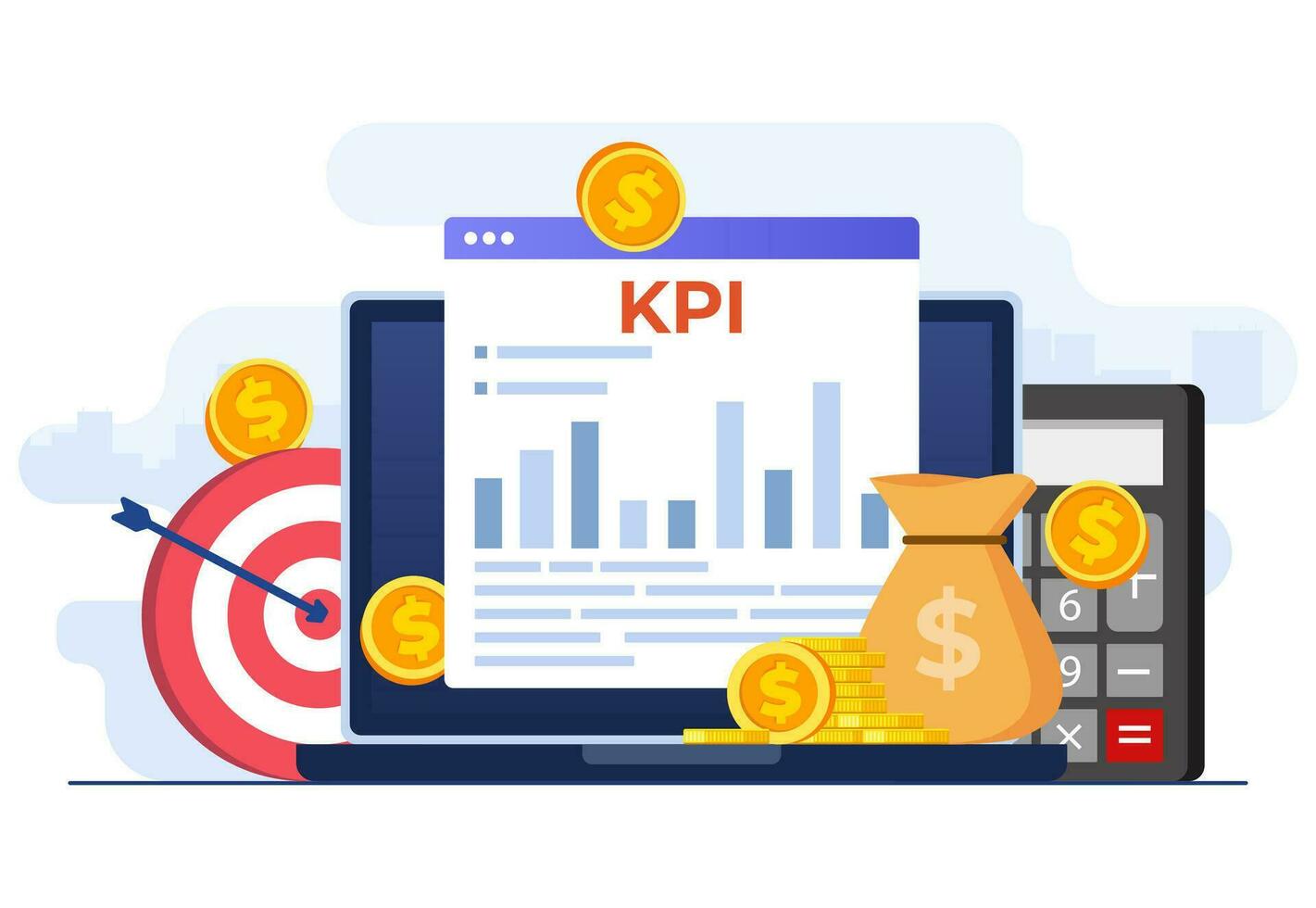 KPI, Key performance indicators business technical concept flat vector illustration, Performance evaluation and dynamics on dashboard, Strategy, Data Report, Efficient workflow, Business intelligence