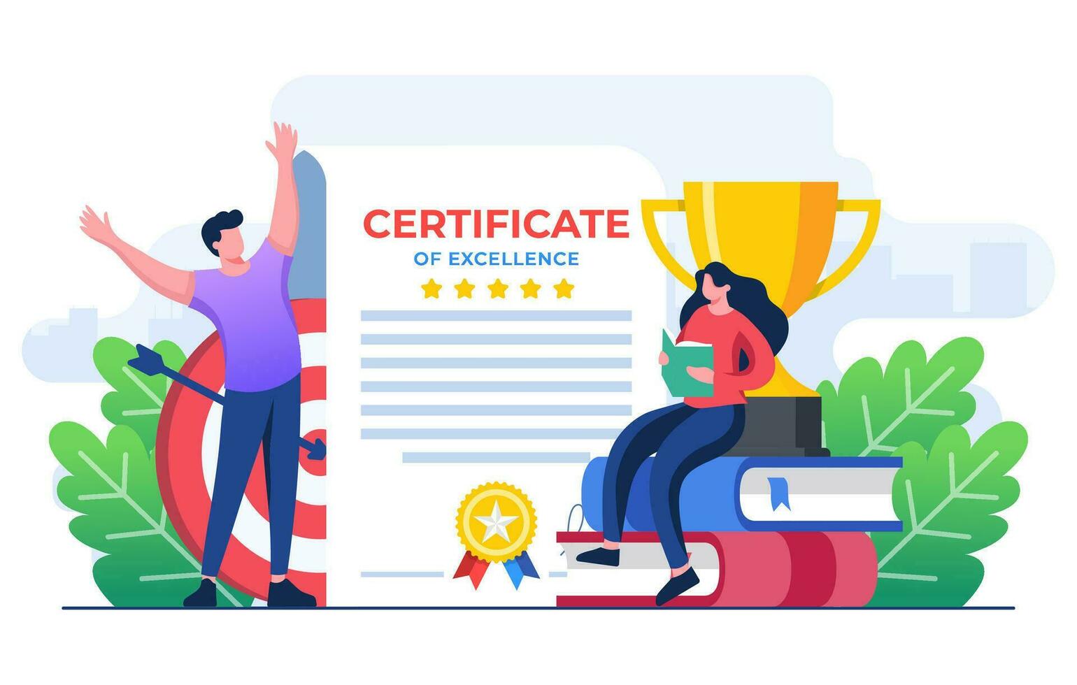Characters successfully completing course, seminar, tutorial, diploma, academic, exam and getting certificate, University or college test, Prize and appreciation concept, Education, graduation vector