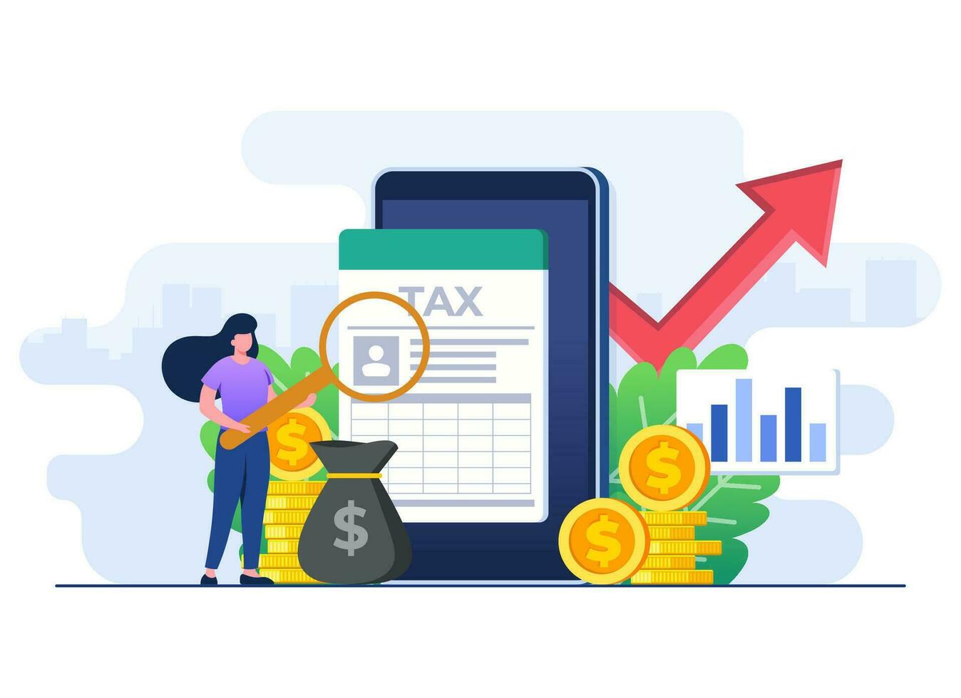 Online tax payment flat illustration vector template, Taxation, Paperwork, State taxes, Financial report and research, Calculation of tax return