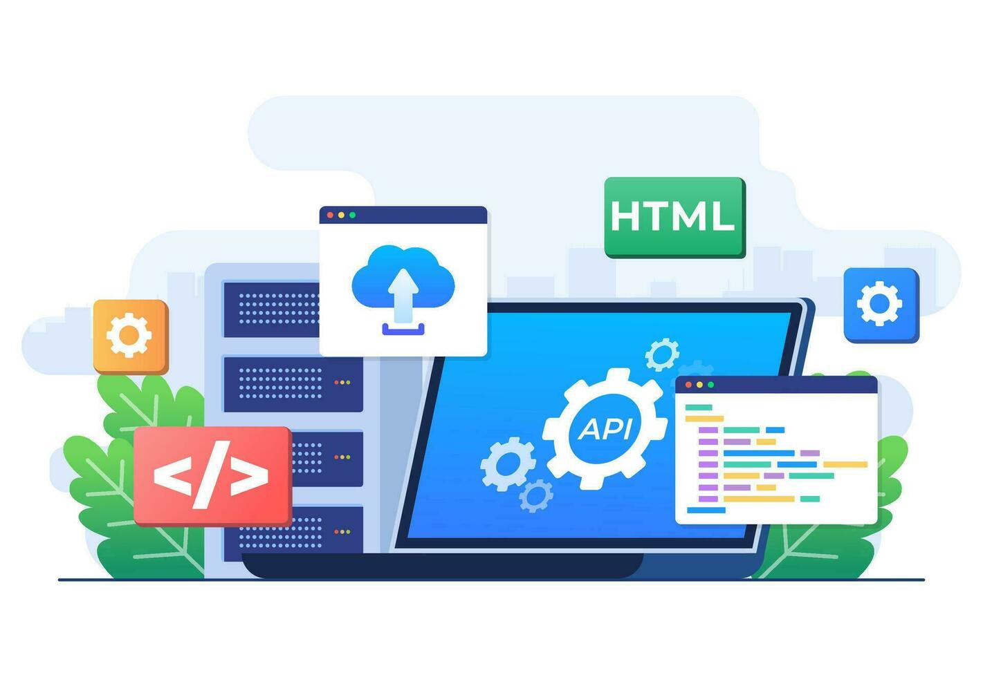 Application Programming Interface concept, API provides the interface for communication between applications, Software development tool, Internet and networking, simplifying application integration vector