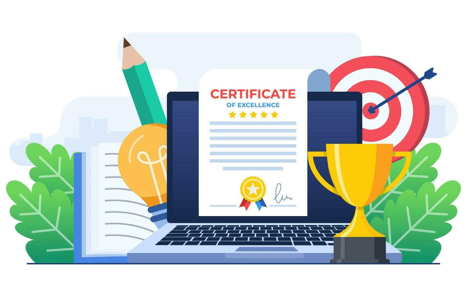 Certificate concept flat illustration vector template, Award, Prize and appreciation concept, Online education, training course, E-learning, Digital certificate program, Remote and distance study