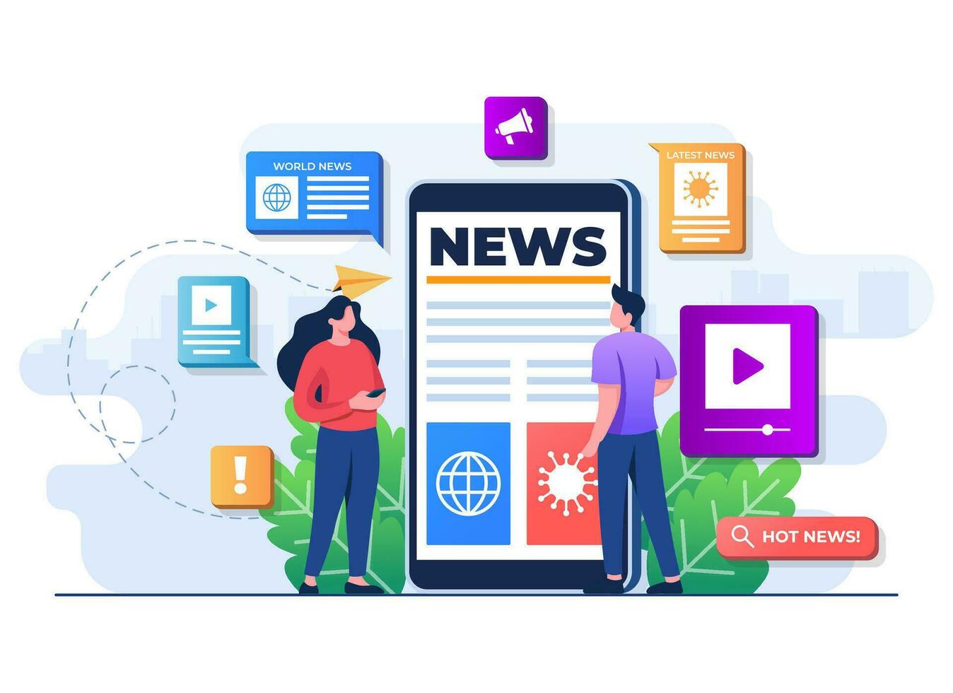 People characters browse online mass media feed on smartphone, People read news articles, Online newspaper, News web page, Internet newsletter mobile application vector