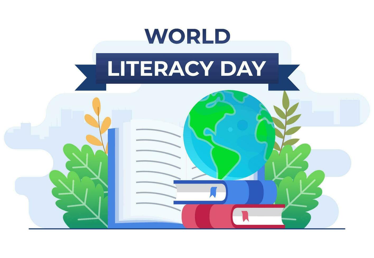 International Literacy Day flat vector illustration banner with opened book and globe, 8th September, Reading books, World Literacy Day celebration, Happy Literacy Day