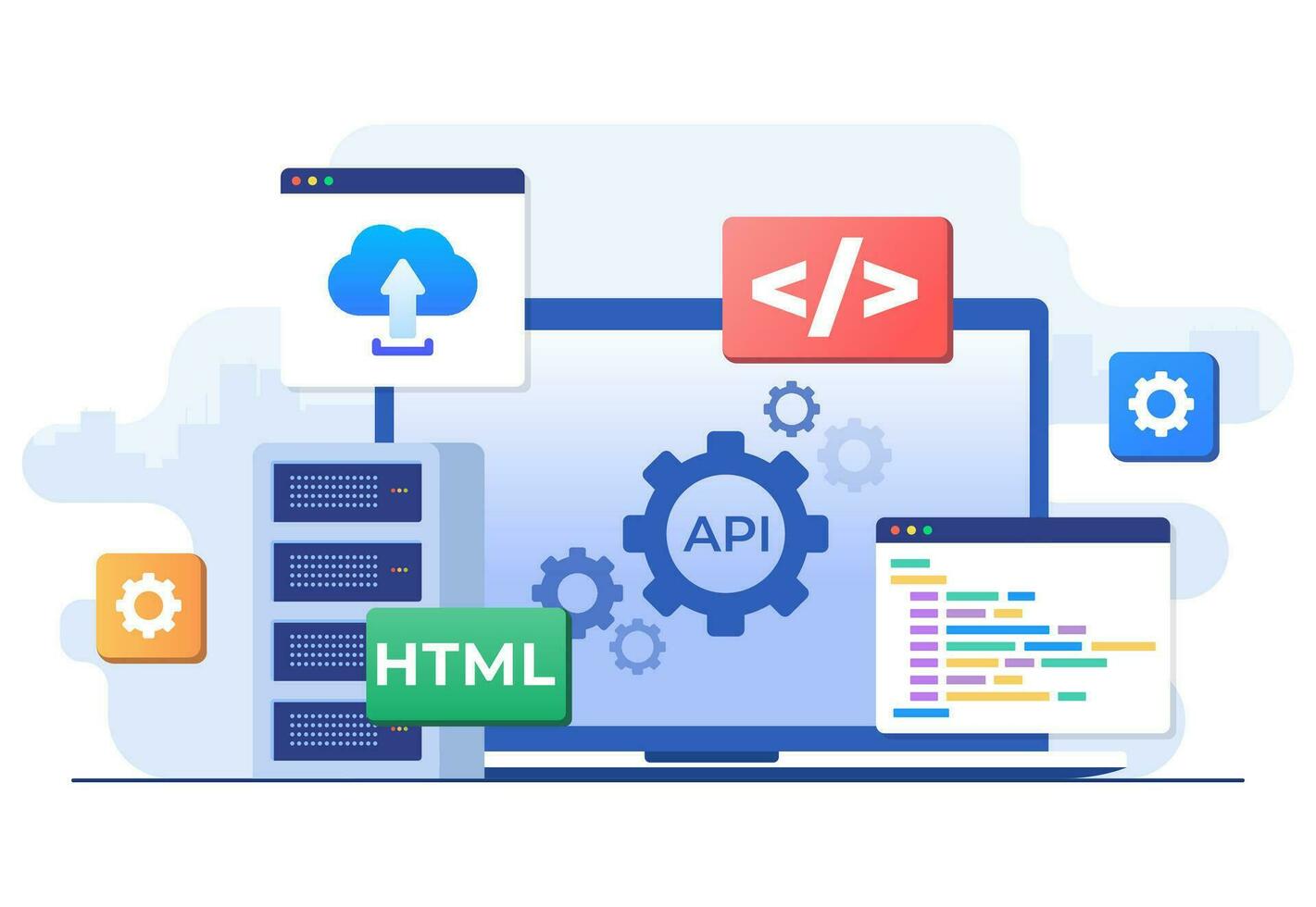 Application Programming Interface concept, API provides the interface for communication between applications, Software development tool, Internet and networking, simplifying application integration vector