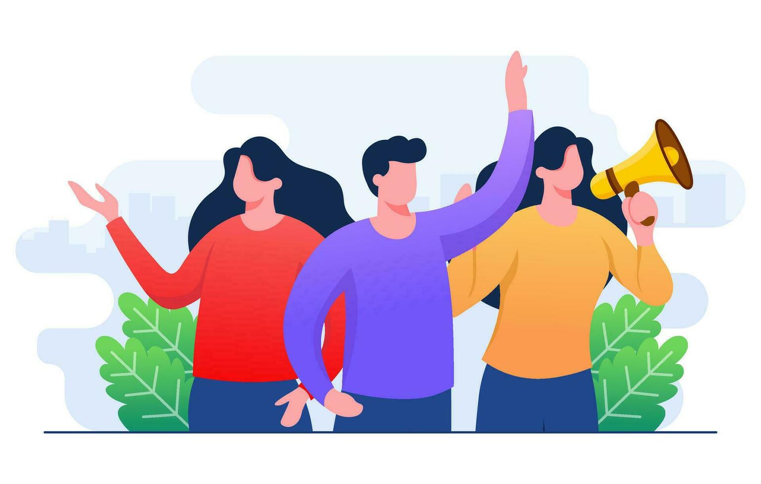 About us metaphor flat illustration template, About Company, Company employees posing together, Company information, Business profile, Office information, Our team, Customer support care service vector