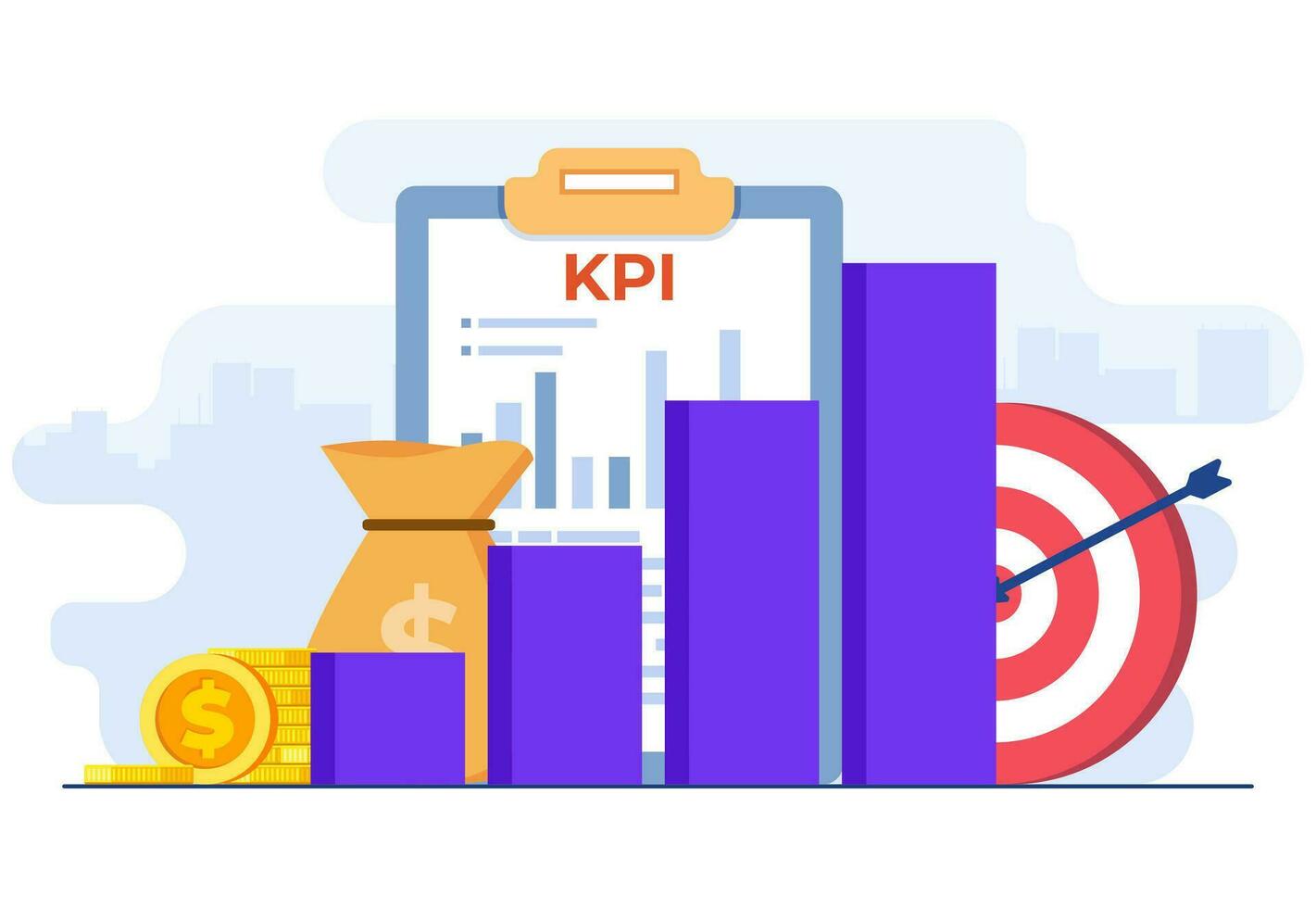 KPI, Key performance indicators business technical concept flat vector illustration, Performance evaluation and dynamics on dashboard, Strategy, Data Report, Efficient workflow, Business intelligence