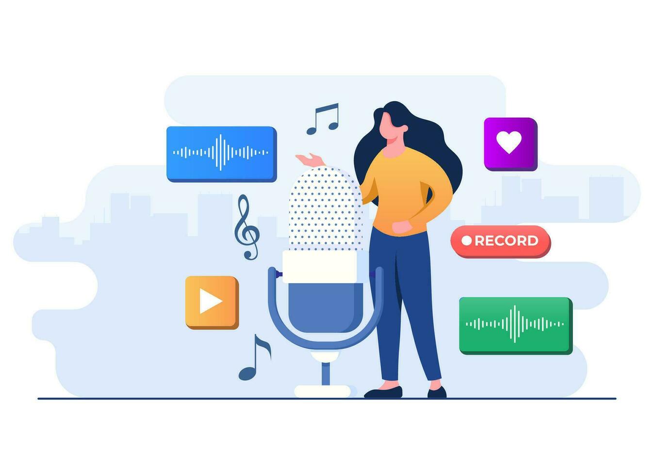 Female character talking to big microphone and recording a podcast, Recording audio voice flat illustration, Webcast live, Streaming podcast, Digital music stream, Online multimedia entertainment vector