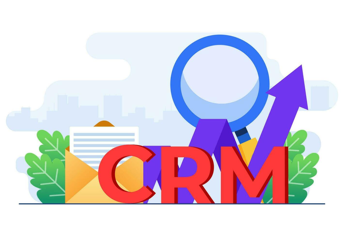 crm, cliente relación administración concepto plano vector ilustración modelo para sitio web bandera, organización de datos en trabajo con clientela, empresa estrategia planificación, negocio datos análisis