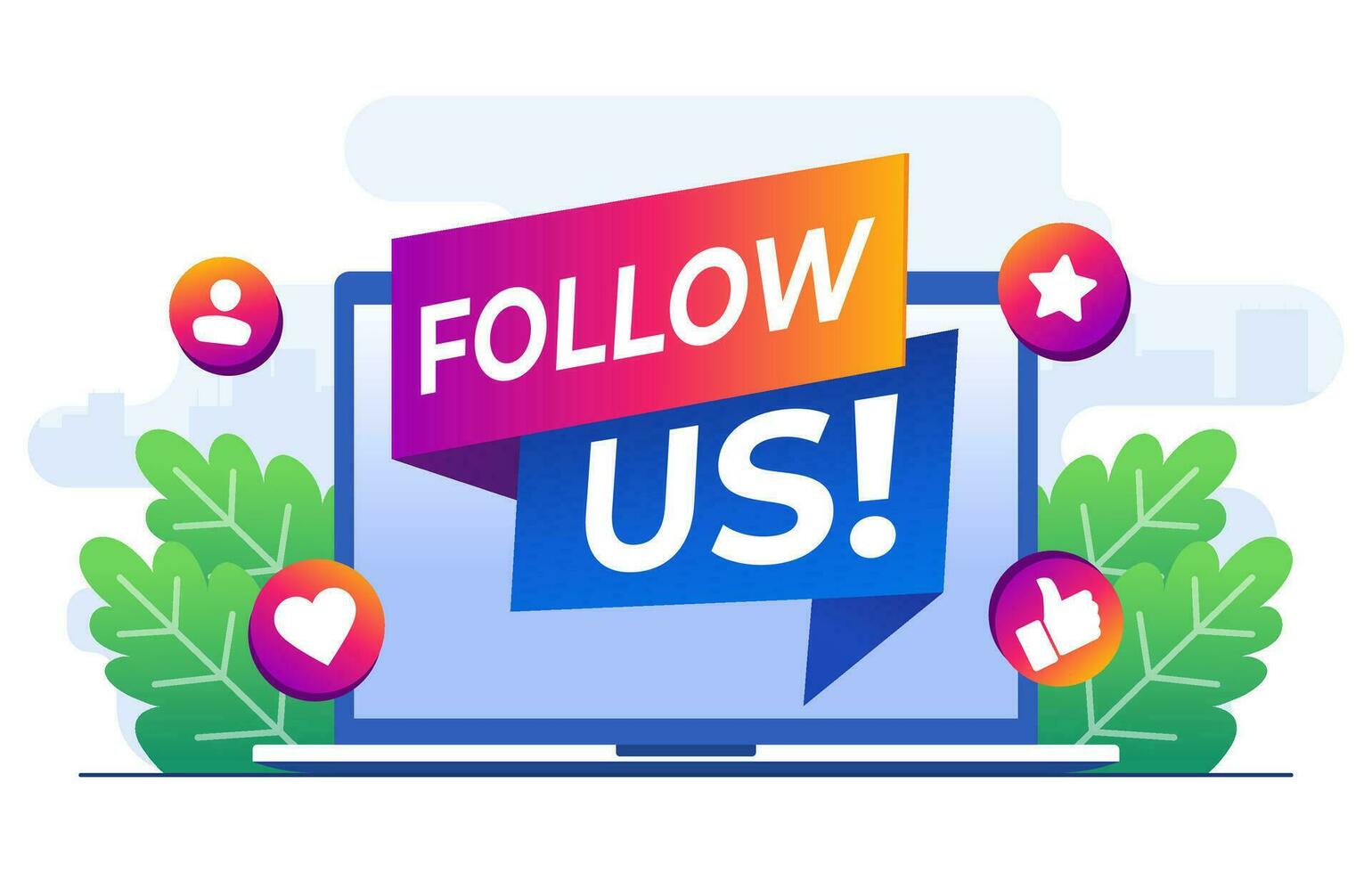 Follow us concept flat illustration vector template, Megaphone on laptop, Internet advertisement, Marketing, Social media promotion concept for web banner, landing page, mobile app, infographic