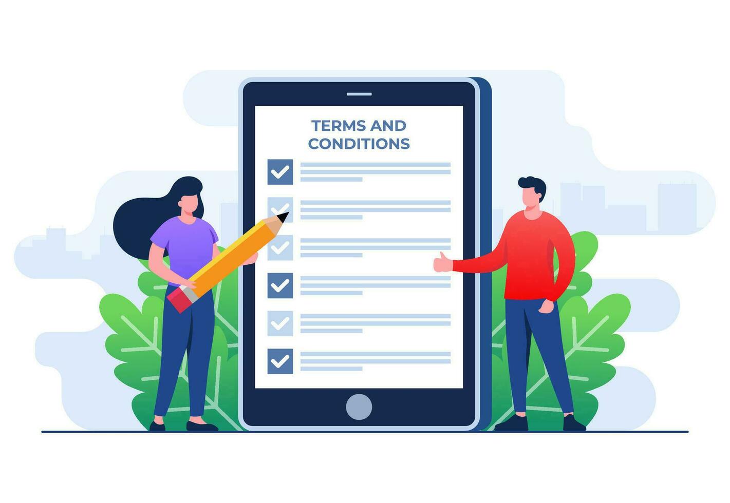 Terms and conditions concept flat vector illustration, Business people reading checklist of rules and regulation standards, Privacy policy, Legal notice, Company policy, Corporate law, Business ethics