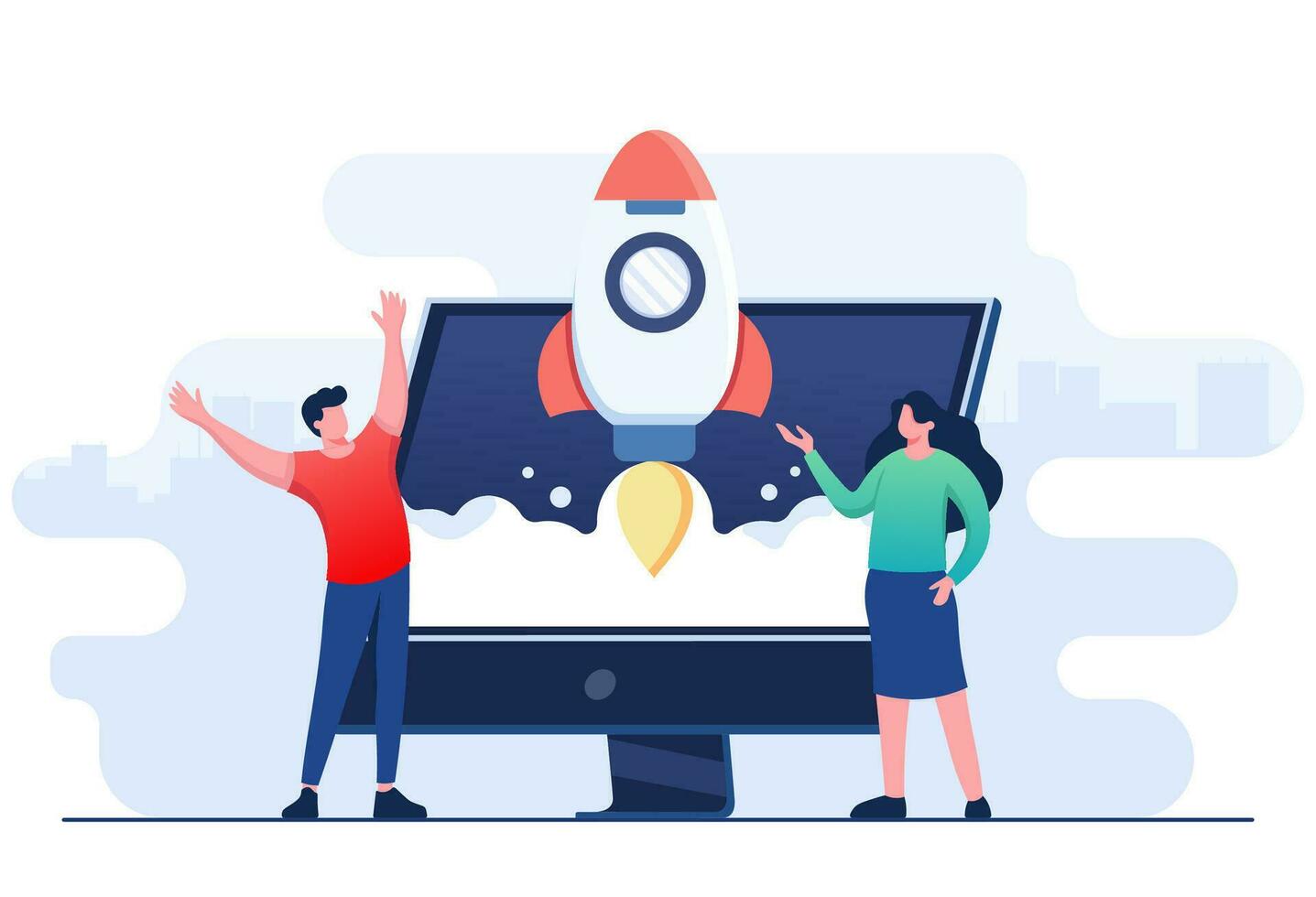Businesspeople successfully launches rocket, Startup business concept flat illustration vector template, New idea, product, project, Innovation, and creativity concept for landing page, web banner