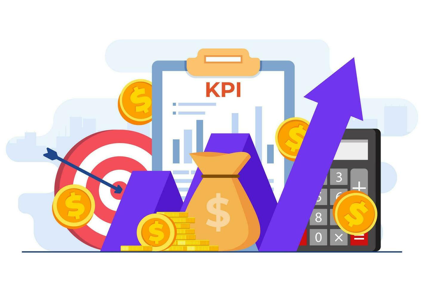 KPI, Key performance indicators business technical concept flat vector illustration, Performance evaluation and dynamics on dashboard, Strategy, Data Report, Efficient workflow, Business intelligence