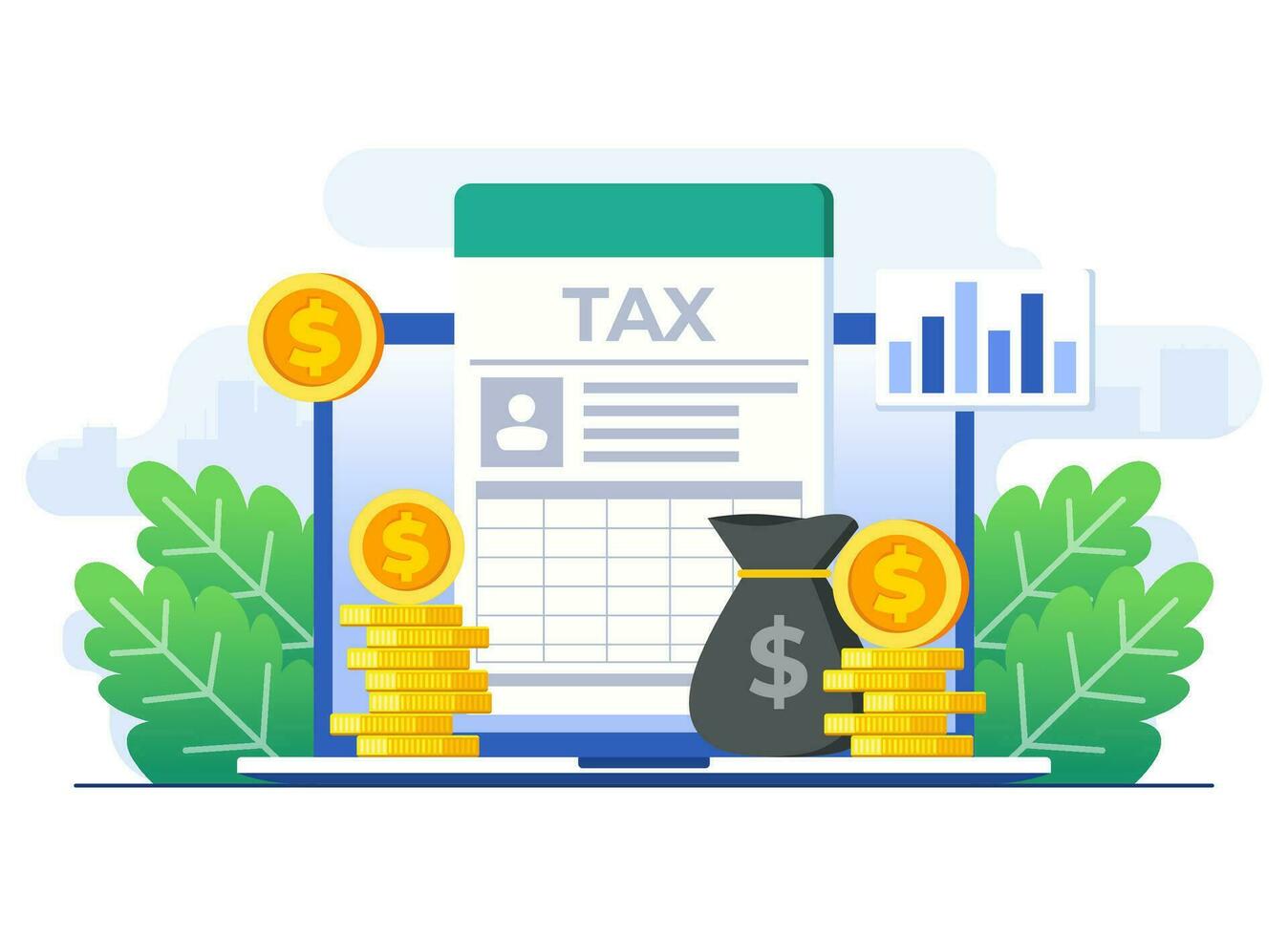 Online tax bill on laptop flat illustration vector template, Checking expensive utility bills, Personal financial management, Business and economy concept