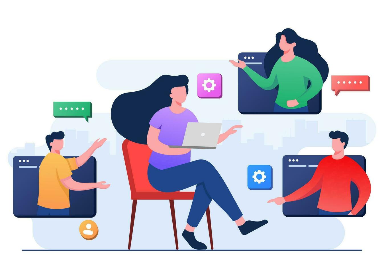 Business people meet online, Female employee speak on video call with coworkers on laptop at home, Video Conference, Team thinking and brainstorming, Remote working, Virtual meeting, Teleconference, vector