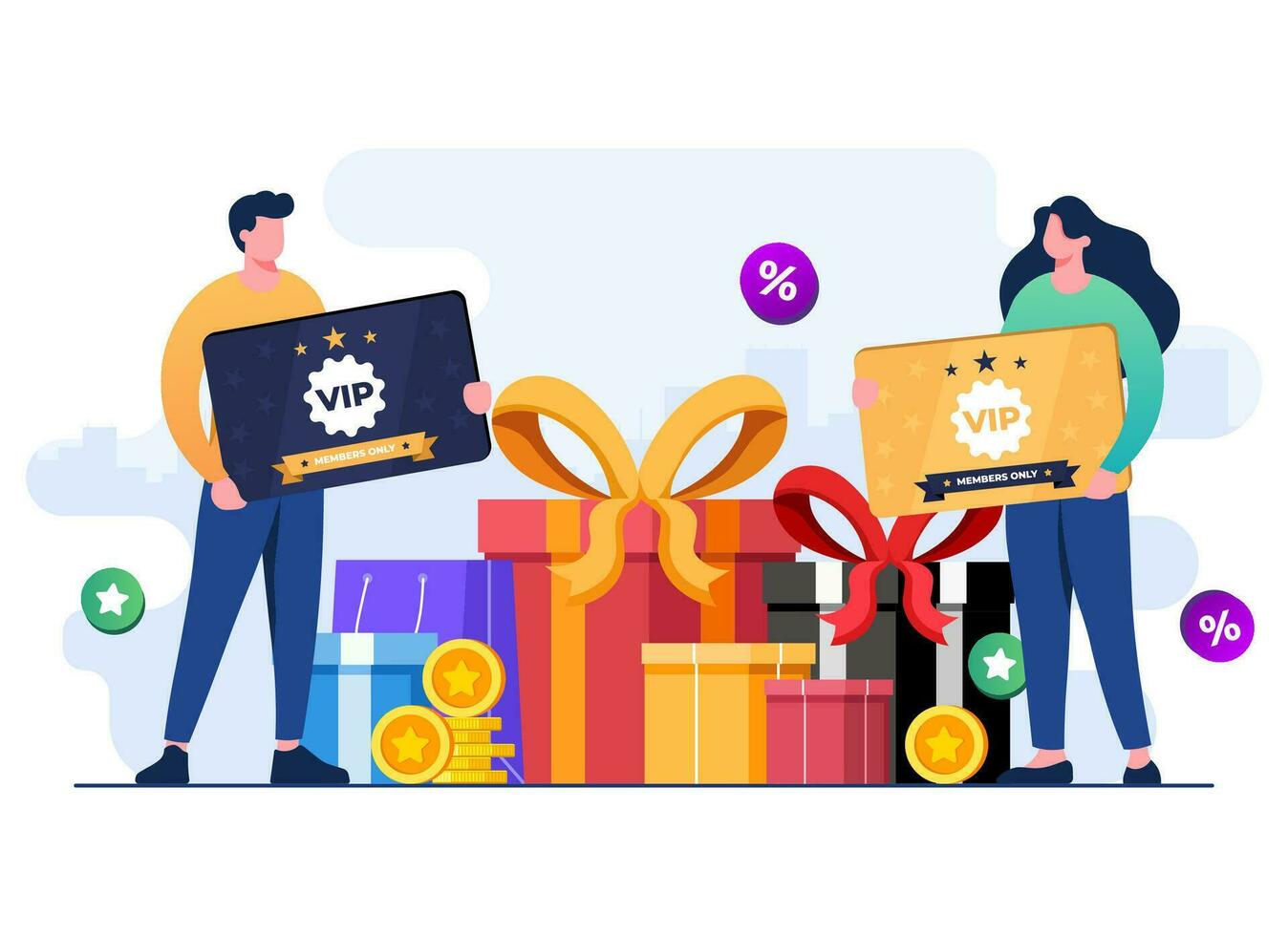 personas compras en línea y recibir recompensas y regalo cajas, lealtad programa márketing estrategia, lealtad tarjeta, descuento y bonificaciones, ganar recompensa puntos concepto plano ilustración vector modelo