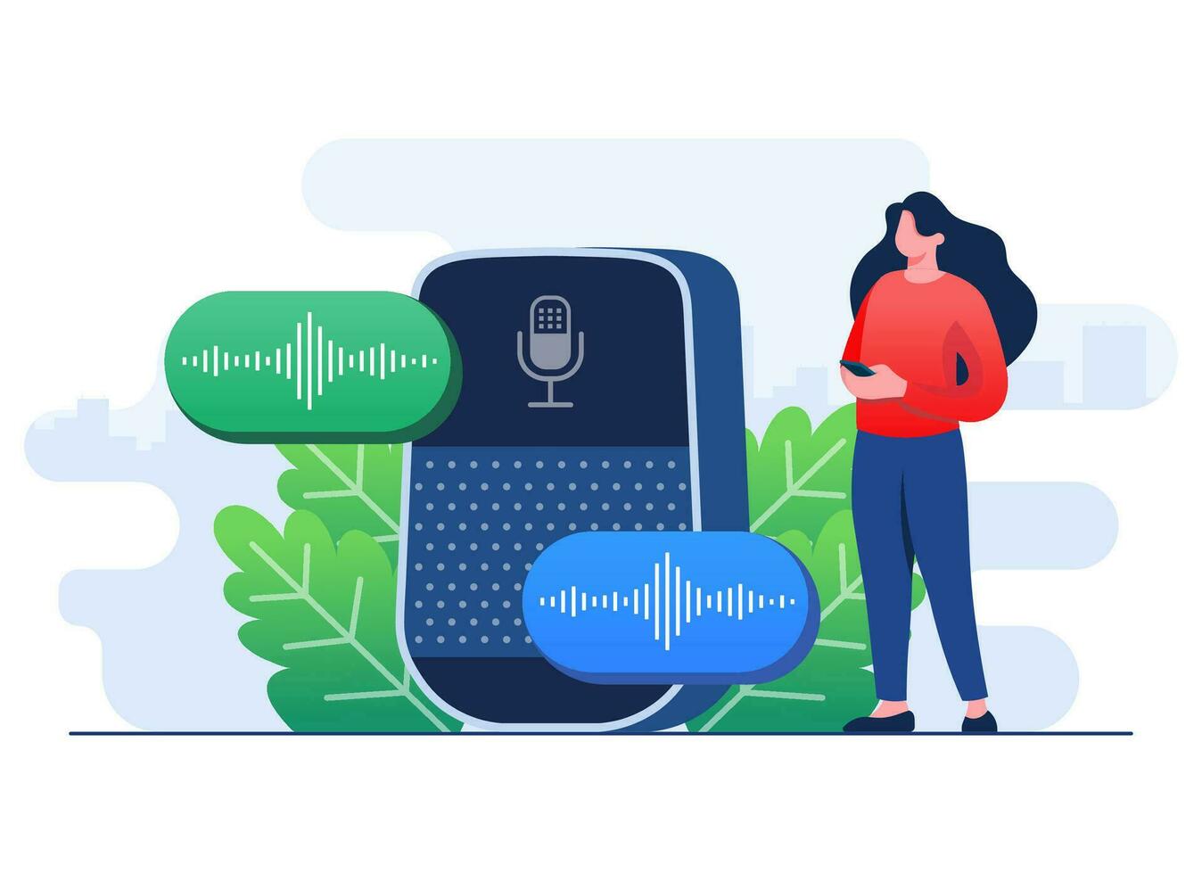 Smart voice assistant flat illustration vector template, Female character control home IOT system through wireless commands on speakers and microphone, Virtual assistant, Voice recognition