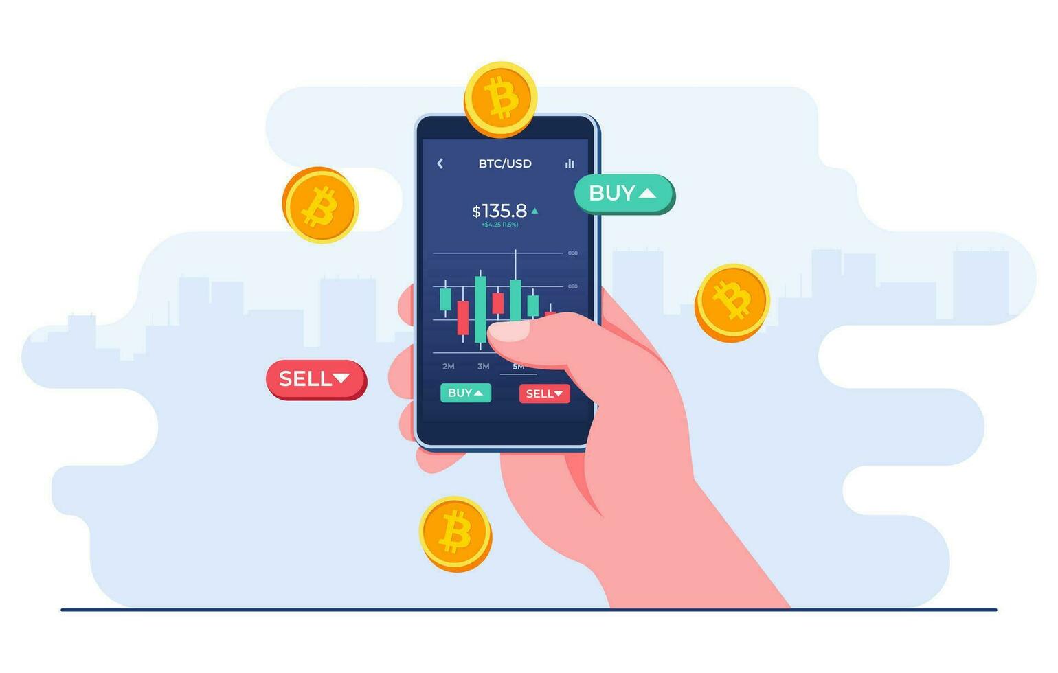 Hand-holding mobile phone with financial app on screen to buy or sell shares of stock market, Profit from currency exchange services, Bitcoin, Investment concept, Cryptocurrency trading strategy vector