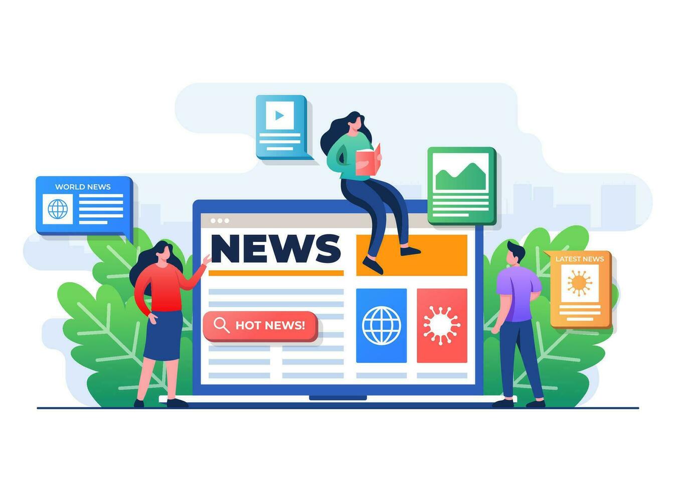 People characters browse online mass media feed on laptop screen, People read news articles, Online newspaper, News web page, Internet newsletter mobile application vector