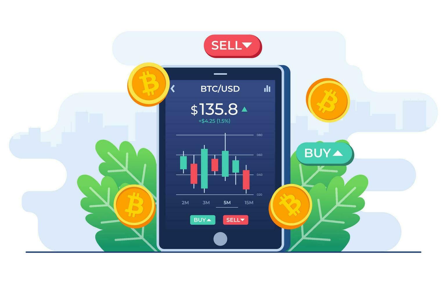 Cryptocurrency trading and growing concept flat illustration vector template, Bitcoin rising, Stock exchange scene with tablet, chart, numbers and SELL and BUY options,Crypto investment strategy