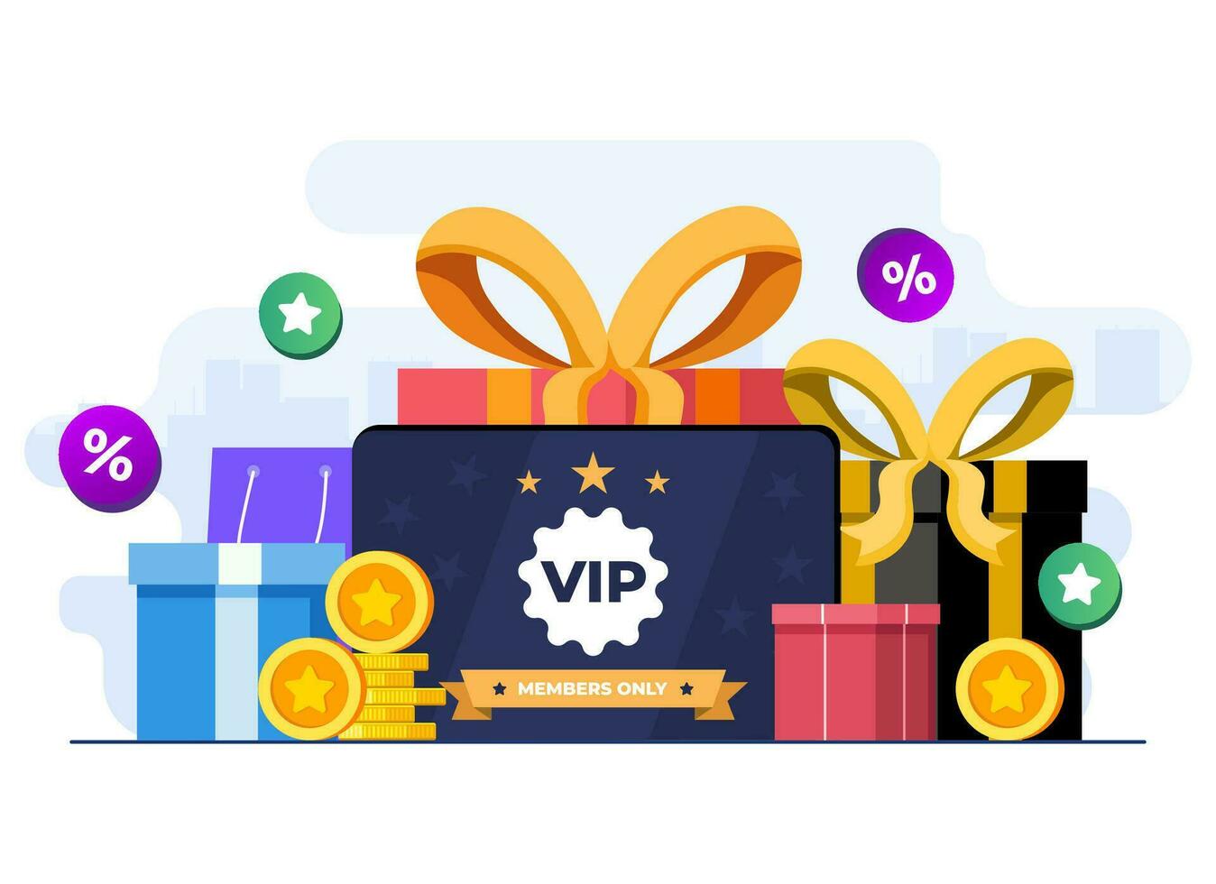 Loyalty program bonus card concept flat illustration vector template, Earn points and gold coins, Bonus cashback income, Reward points,