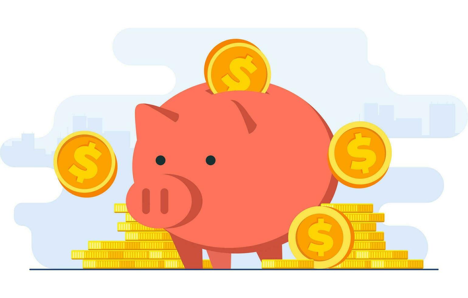 Piggy bank with coins flat illustration vector template, Saving money, Passive income, Investment concept, Moneybox, Accumulation money, Deposit money, Banking