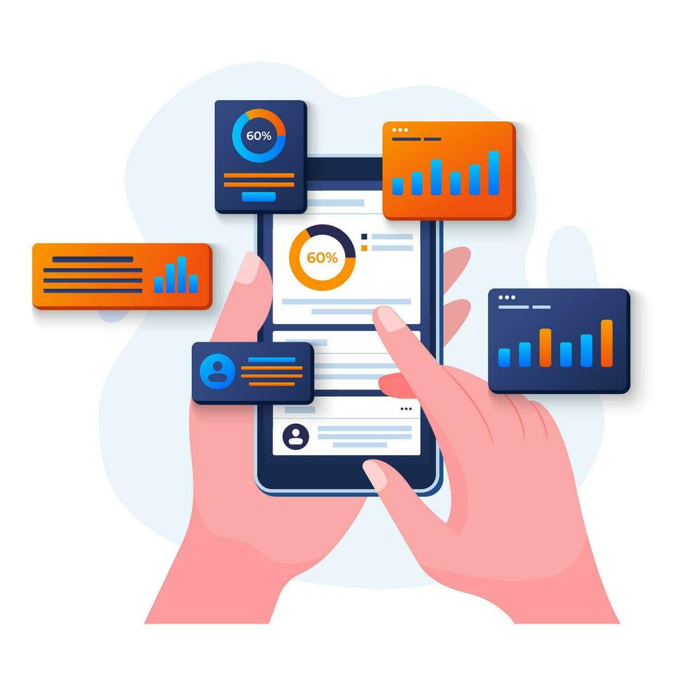 Hand-holding mobile phone with data charts, graphs, and a dashboard on screen, SEO marketing advertising analytics vector illustration, Marketing analytics, Market research, Business Analysis