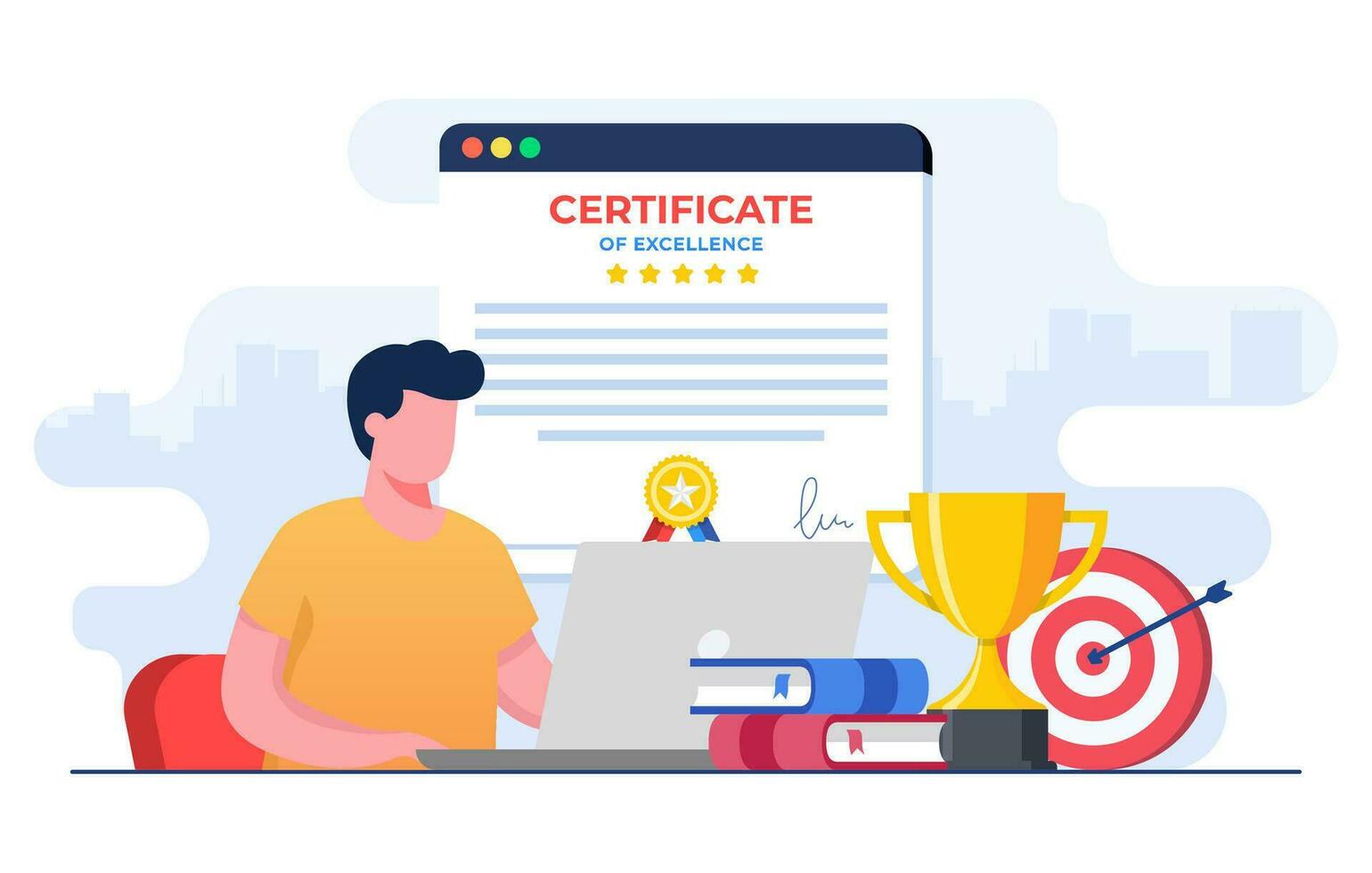 Student sits at table and study, University or college test, Digital certificate for completing course, seminar, tutorial, diploma, exam, Online education, E-learning, Remote and distance study vector