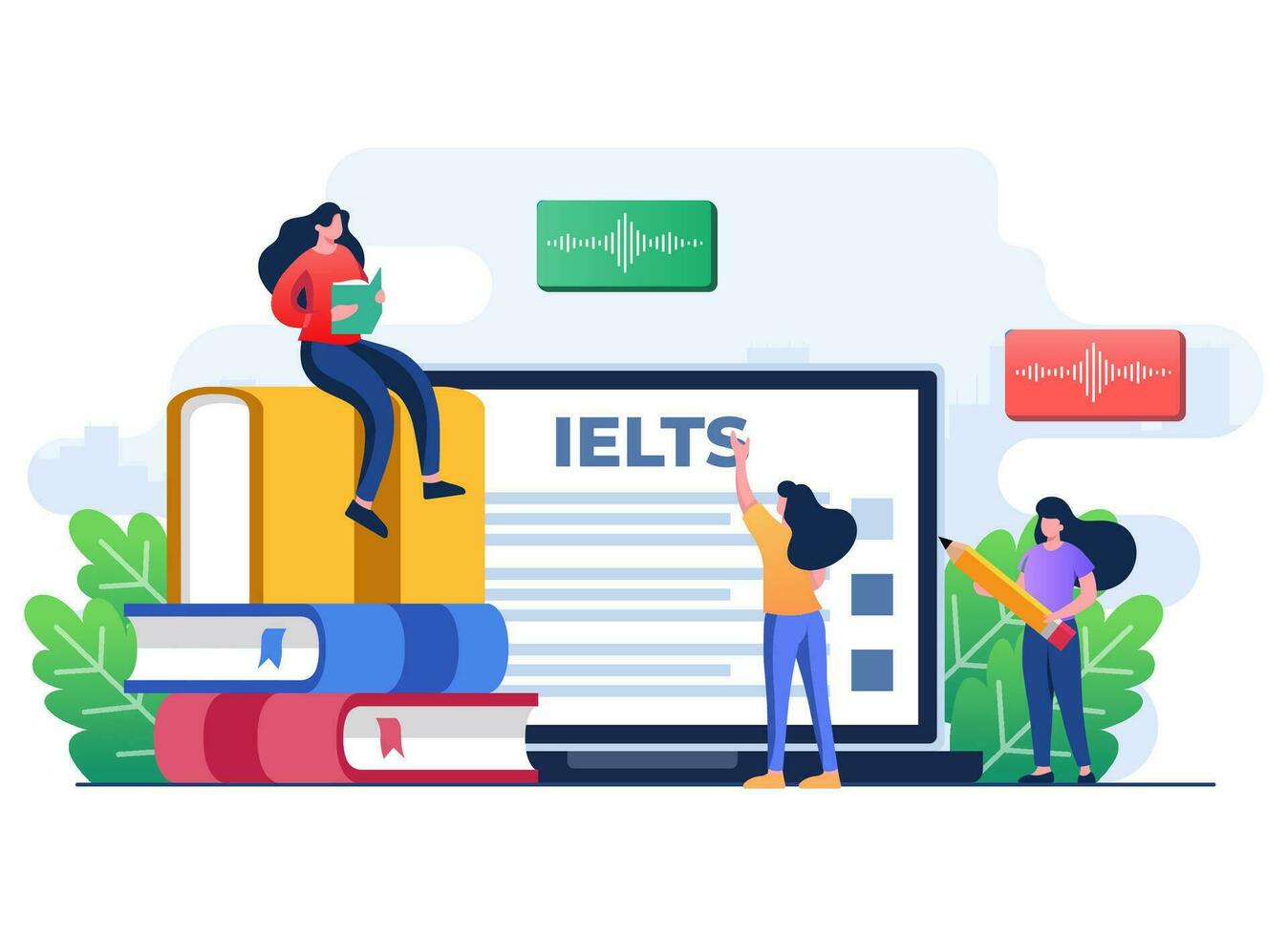 IELTS, internacional Inglés idioma pruebas sistema, estudiantes preparando para examen y estudiando a mejorar idiomas, Inglés competencia prueba plano ilustración vector modelo