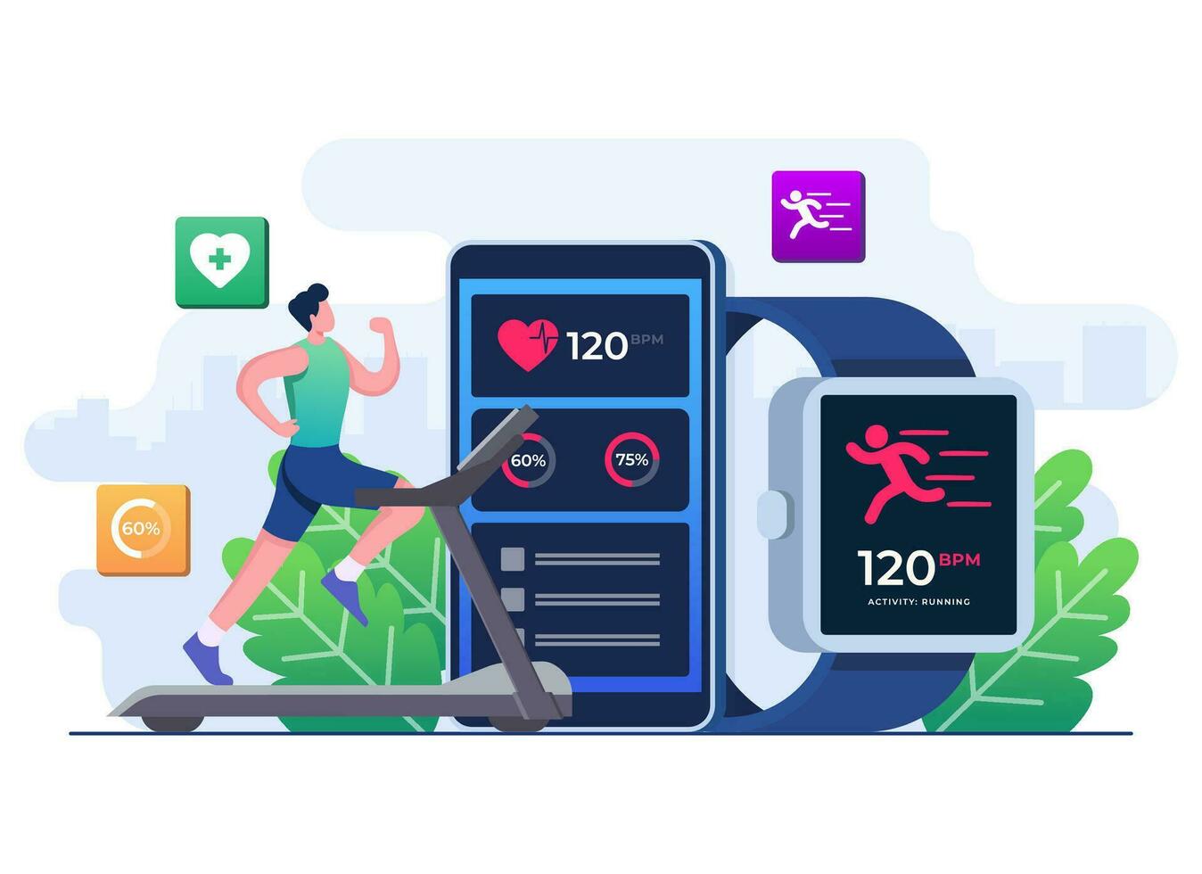 Smartwatch fitness tracker concept flat illustration vector template, Man character running on a treadmill, Smart working, Training, Sports exercises, Monitoring heart rate, Gadgets and devices