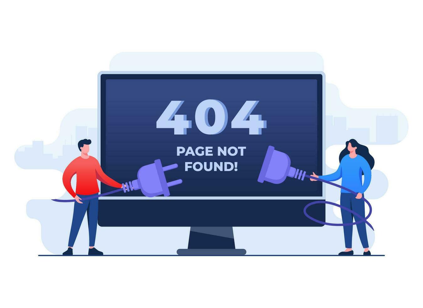 404 error, System error, Broken page, People trying to connect disconnected wires from the outlet, Cable and socket, Page not found concept flat illustration vector template for web design, website