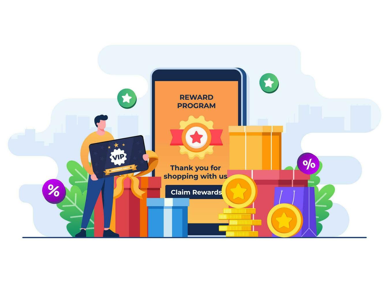 People shopping online and receive rewards and gift boxes, Loyalty program marketing strategy, Loyalty card, Discount and bonuses, Earn reward points concept flat illustration vector template