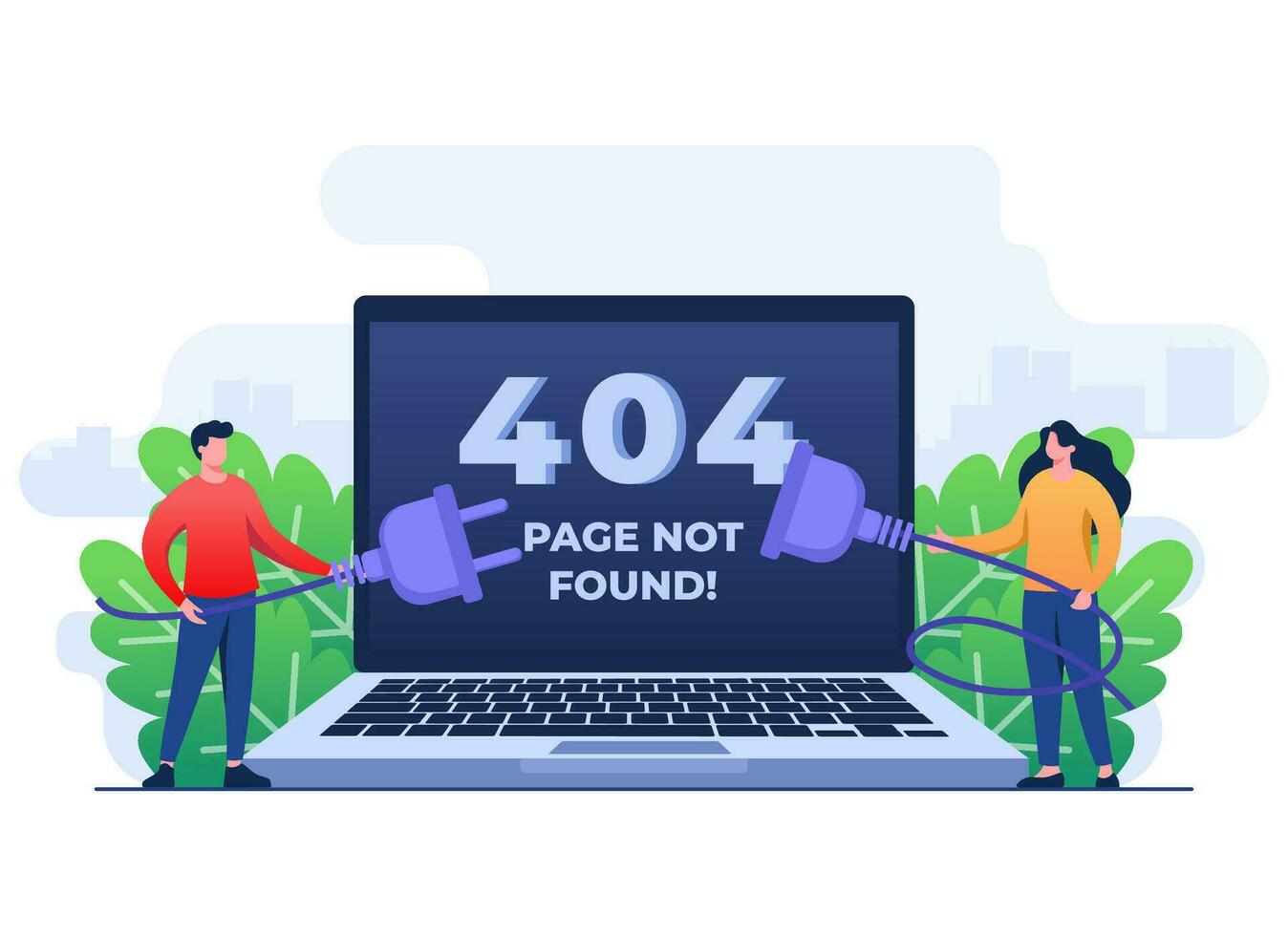 404 error, sistema error, roto página, personas molesto a conectar desconectado alambres desde el salida, cable y enchufe, página no encontró concepto plano ilustración vector modelo para web diseño, sitio web