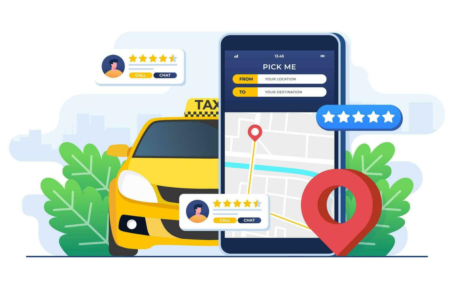 Online taxi concept flat illustration, Taxi service application on smartphone screen, Rent and share car, Remote vehicle sharing, Navigation pin, Smartphone with route and points location on city map vector