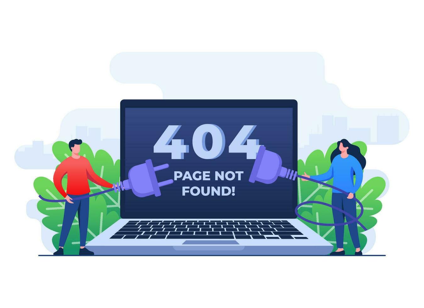 404 error, System error, Broken page, People trying to connect disconnected wires from the outlet, Cable and socket, Page not found concept flat illustration vector template for web design, website