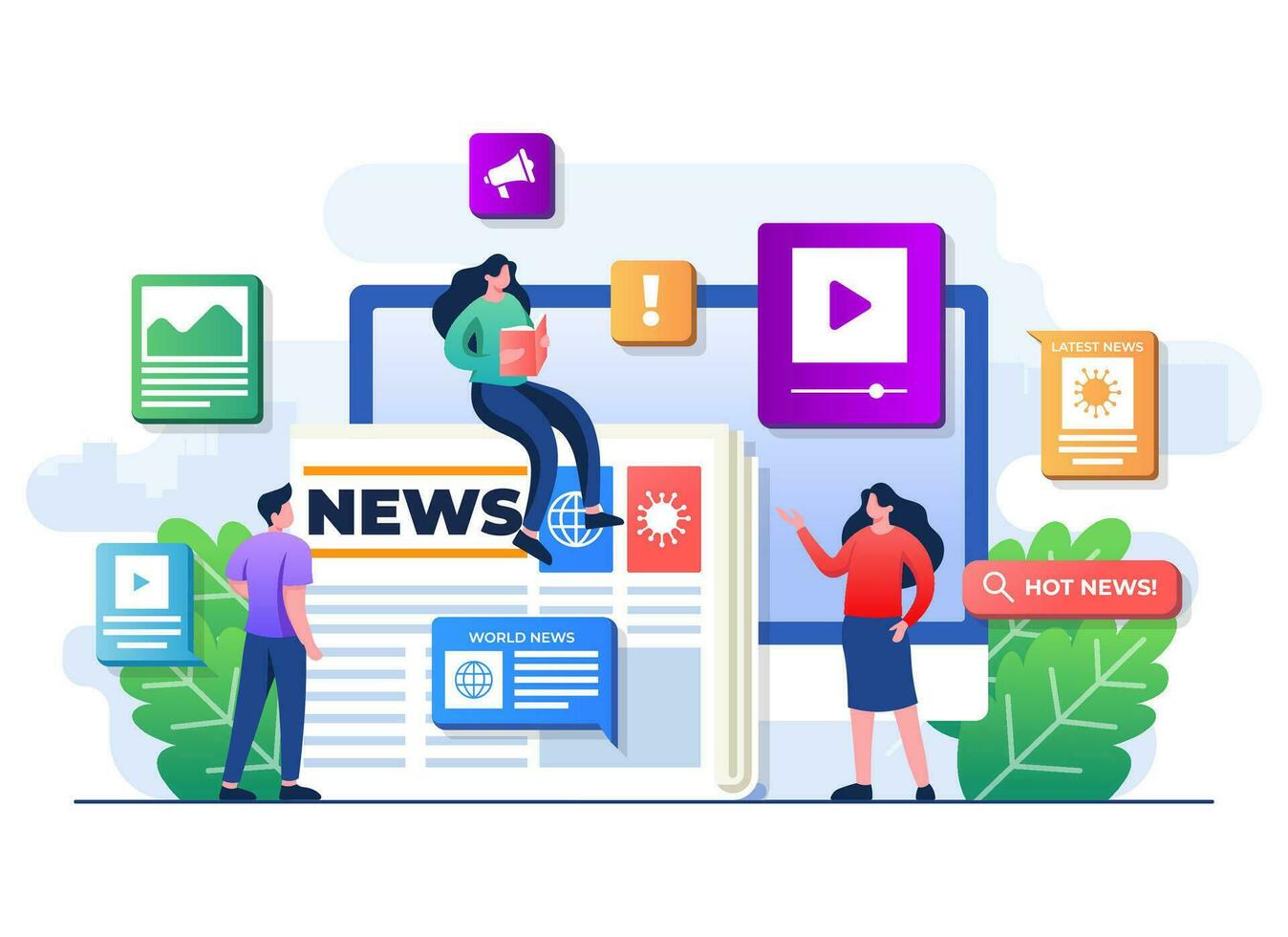 People characters browse online mass media feed, People read news articles, Online newspaper, News web page, Internet newsletter mobile application vector