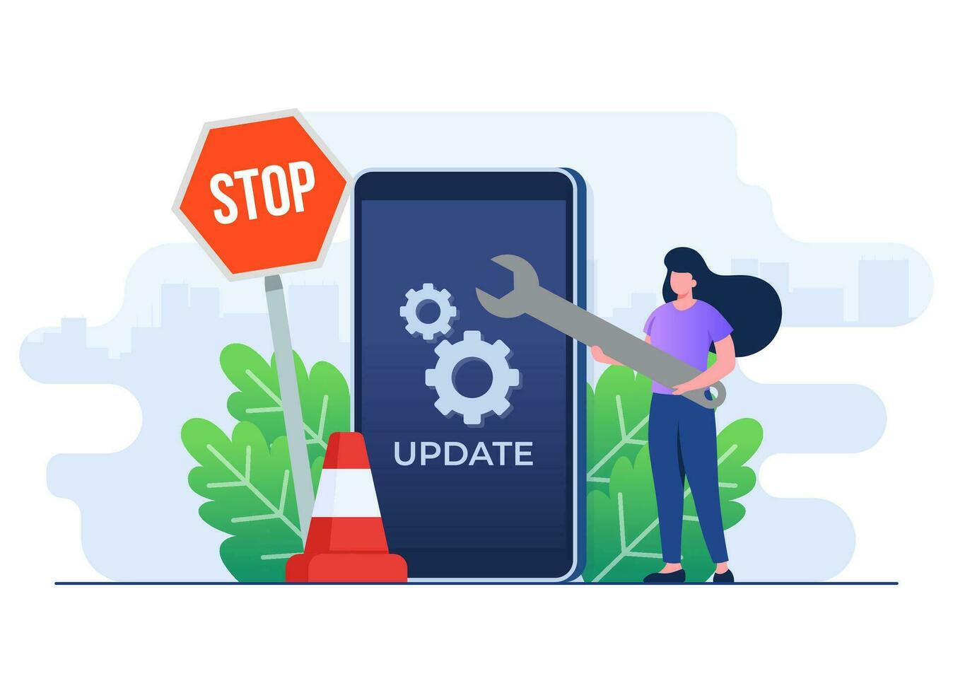 System maintenance, Error, Fixing trouble, Device updating, Software system under maintenance vector illustration, Software upgrade process on smartphone, System update, People update operation system