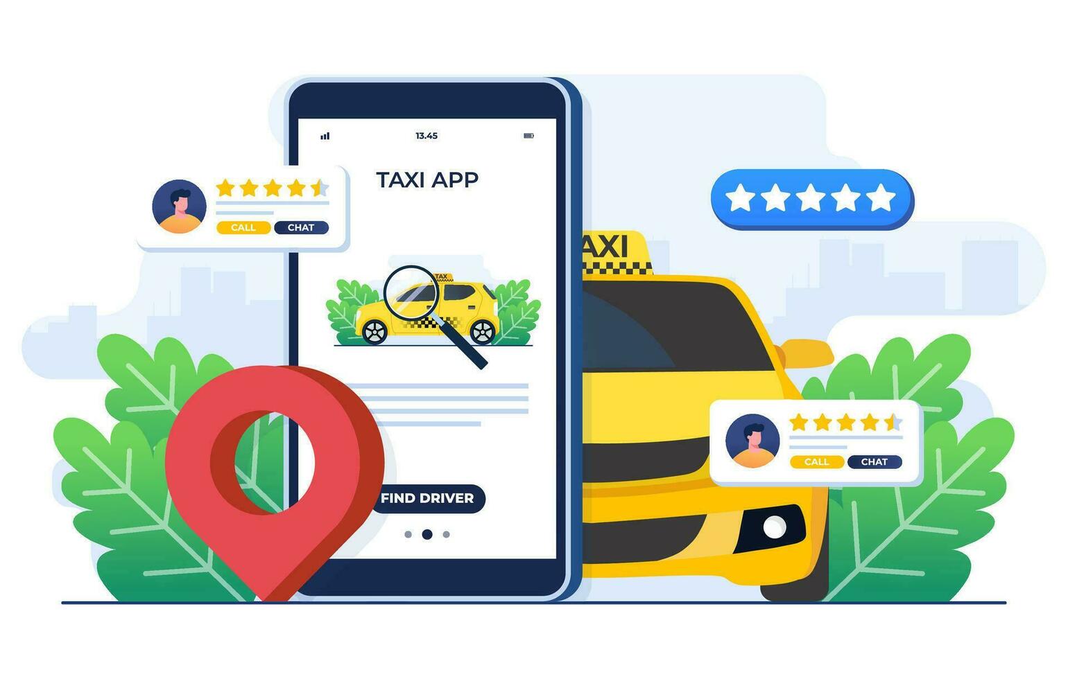 Find a taxi driver online, Online taxi concept flat illustration, Taxi service application on smartphone screen, Rent and share car, Remote vehicle sharing, Navigation pin, vector